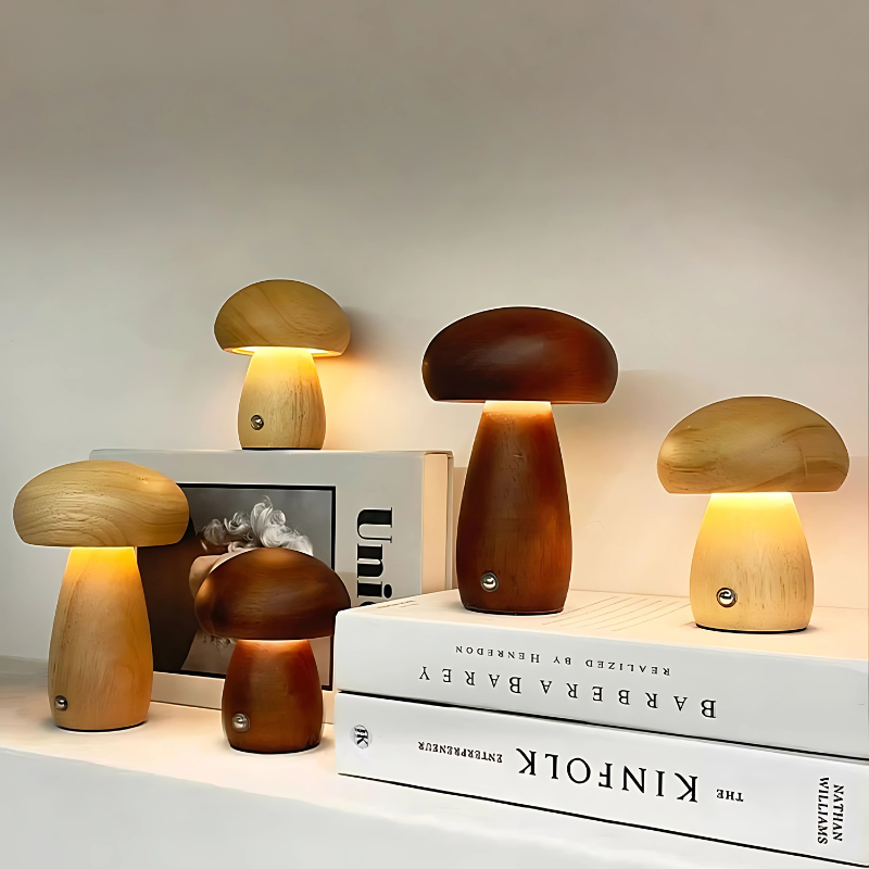 Mushroom Table Lamp Cordless Dimmable LED Touch Night Light Solid Wood Bedside Desk Lamp for Bedroom Nursery Kids Room Living Room Reading