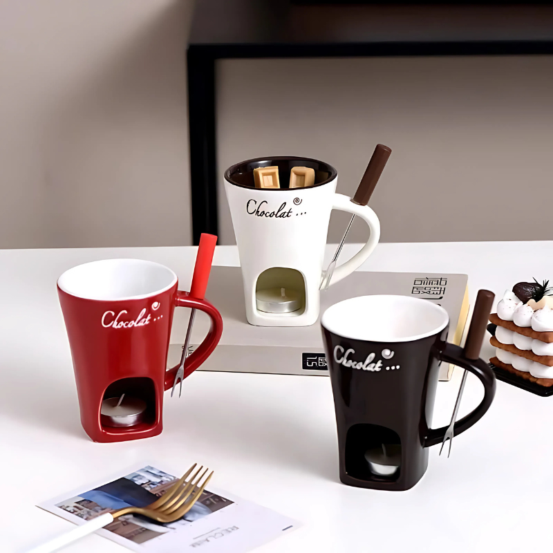 Keramik-Fondue-Set mit Teelicht für Schokolade und Käse, Tisch-Rechaud für Desserts und Vorspeisen bei Partys und Feiern