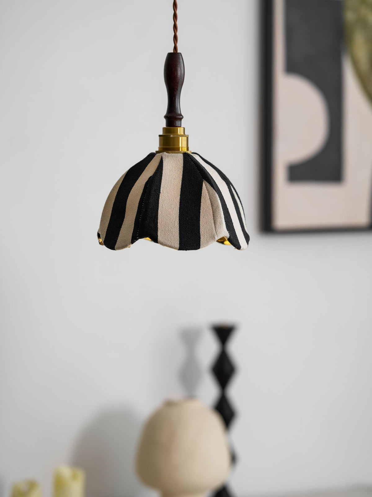Hanging Ceiling Light with Tulip-Style Striped Shade 7.9 in Diameter Adjustable Wood Accent for Kitchen Dining Room Reading Nook Breakfast A | Thomler