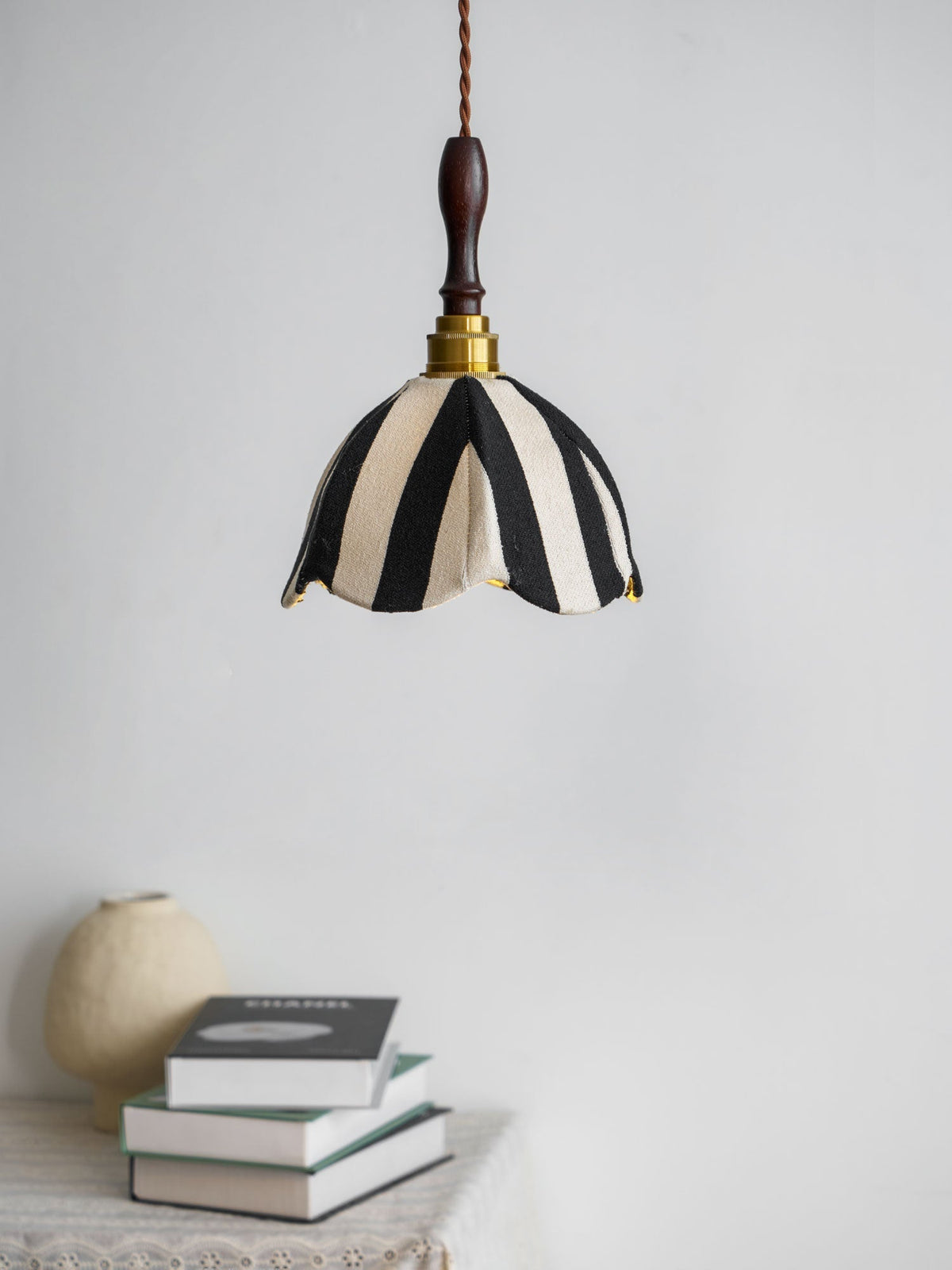 Hanging Ceiling Light with Tulip-Style Striped Shade 7.9 in Diameter Adjustable Wood Accent for Kitchen Dining Room Reading Nook Breakfast A | Thomler