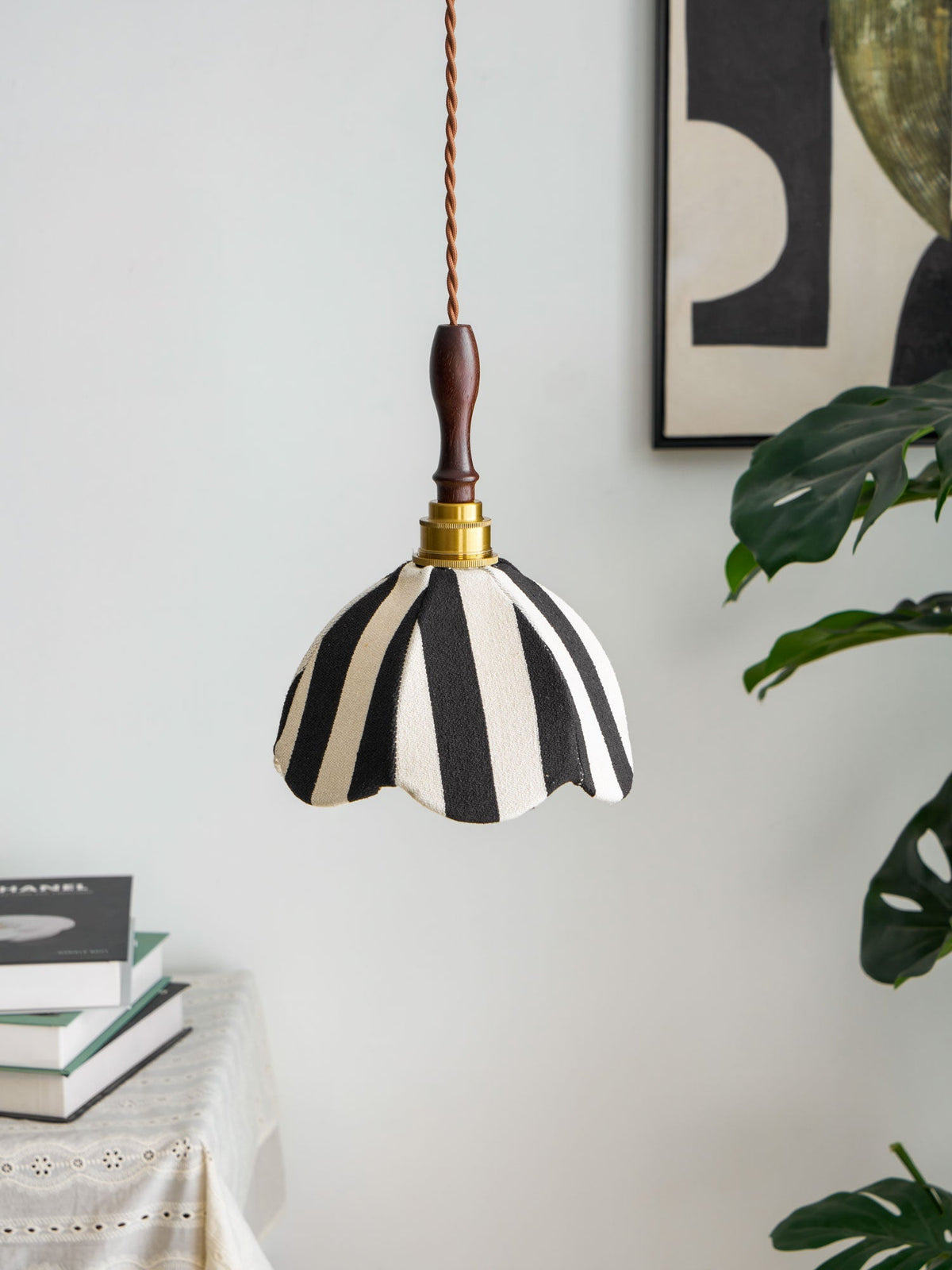 Hanging Ceiling Light with Tulip-Style Striped Shade 7.9 in Diameter Adjustable Wood Accent for Kitchen Dining Room Reading Nook Breakfast A | Thomler