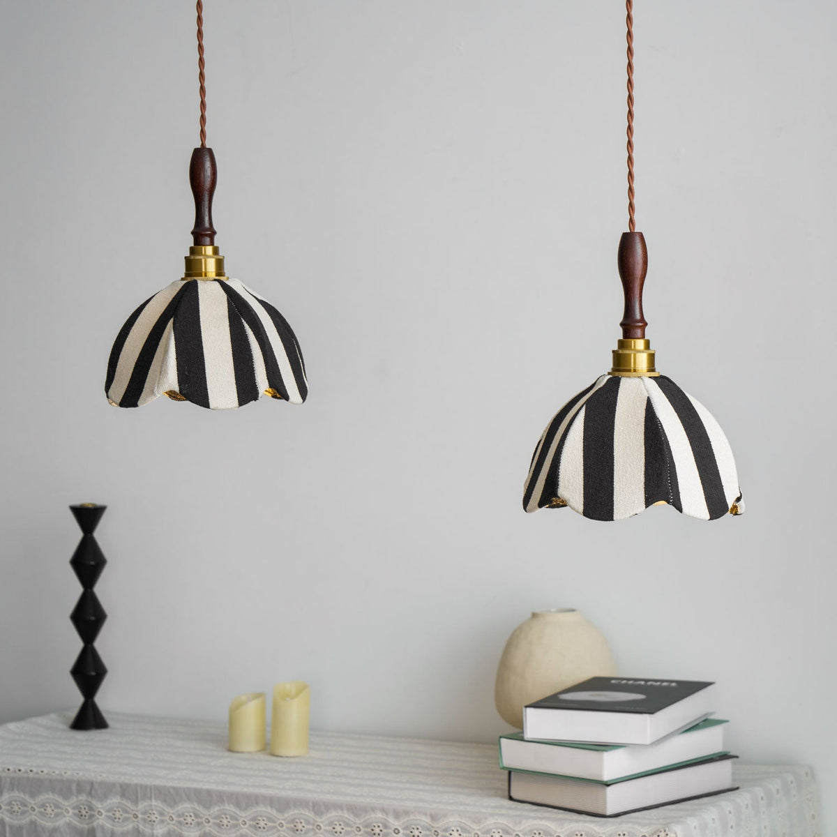 Hanging Ceiling Light with Tulip-Style Striped Shade 7.9 in Diameter Adjustable Wood Accent for Kitchen Dining Room Reading Nook Breakfast A | Thomler