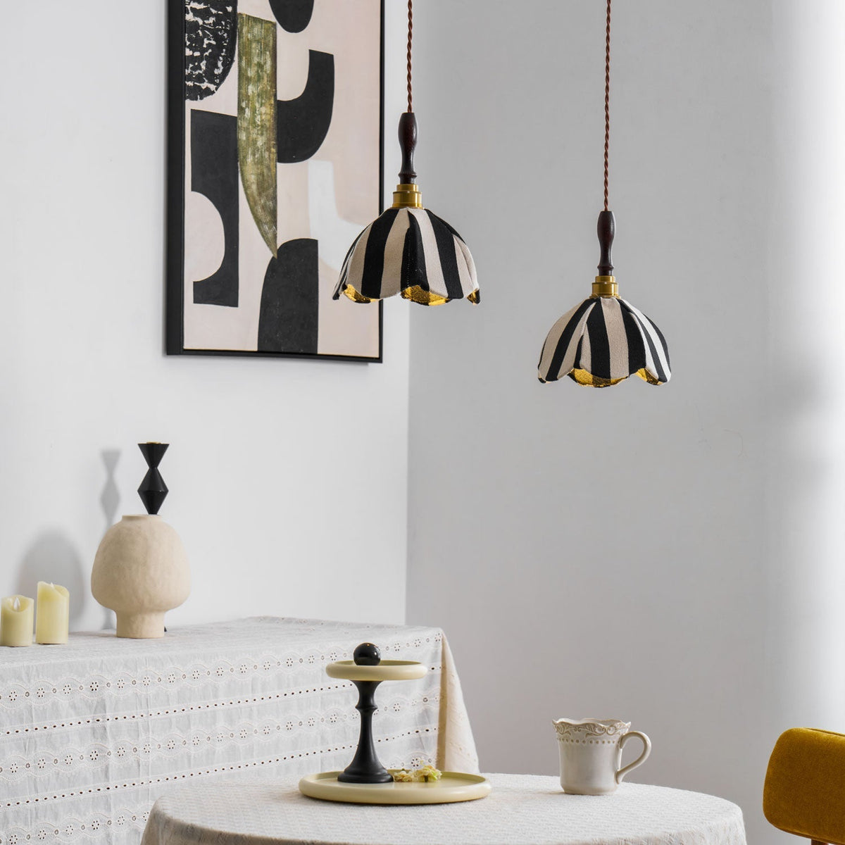 Hanging Ceiling Light with Tulip-Style Striped Shade 7.9 in Diameter Adjustable Wood Accent for Kitchen Dining Room Reading Nook Breakfast A | Thomler