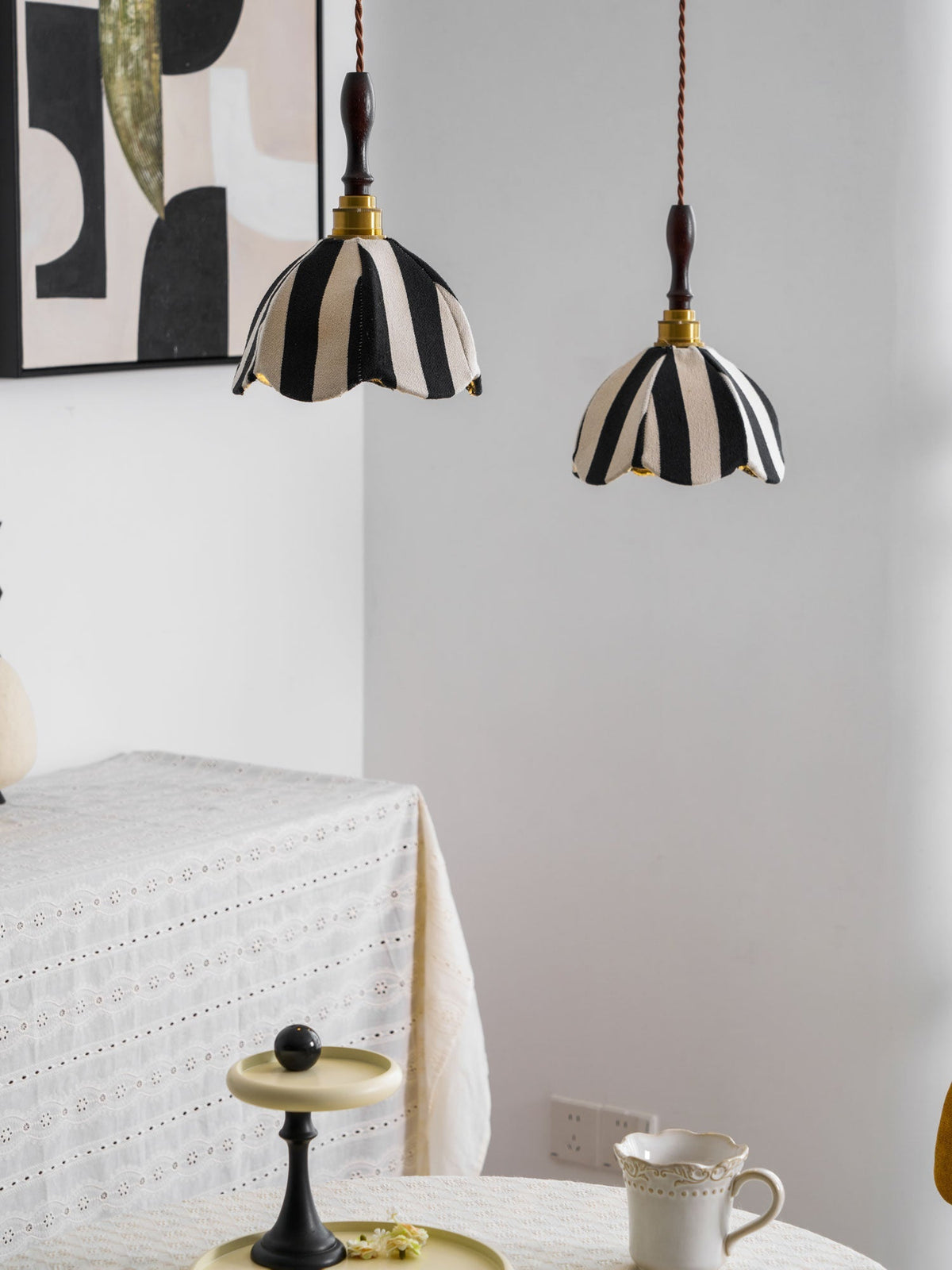 Hanging Ceiling Light with Tulip-Style Striped Shade 7.9 in Diameter Adjustable Wood Accent for Kitchen Dining Room Reading Nook Breakfast A | Thomler