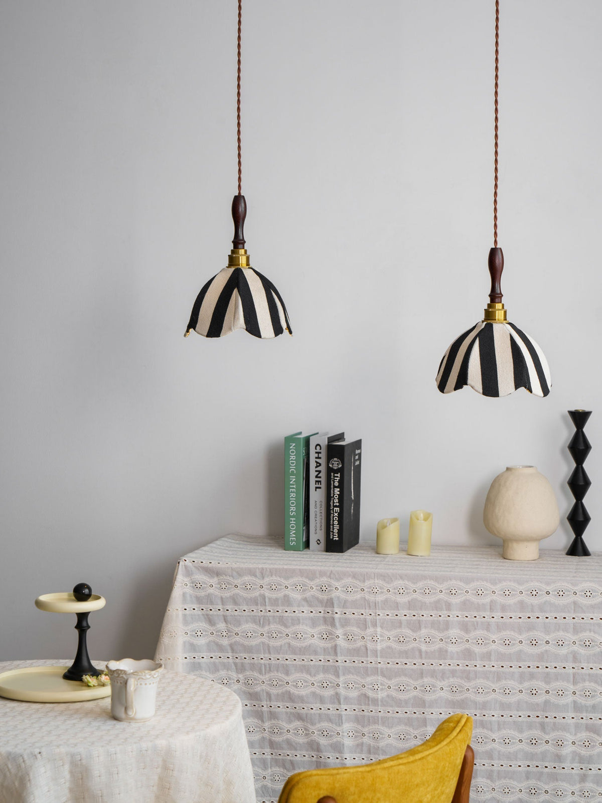Hanging Ceiling Light with Tulip-Style Striped Shade 7.9 in Diameter Adjustable Wood Accent for Kitchen Dining Room Reading Nook Breakfast A | Thomler