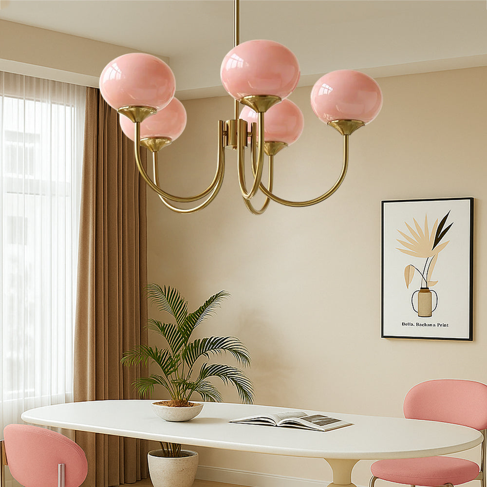 Multi-Globe Pendelleuchte, pinkfarbenes Mattglas, Metallrahmen, Deckenleuchte für das Esszimmer, auffälliges Herzstück für Wohnzimmer und Eingangsbereich | Thomler