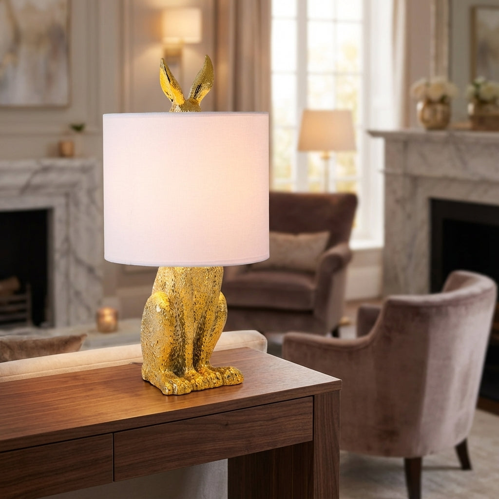 Deko-Hasenlampe aus Kunstharz mit Leinenschirm, 51 cm hoch, goldfarbenes Finish, dekorative Nachttischleuchte, E27-Fassung, Tierskulptur für Schlafzimmer, Wohnzimmer | Thomler