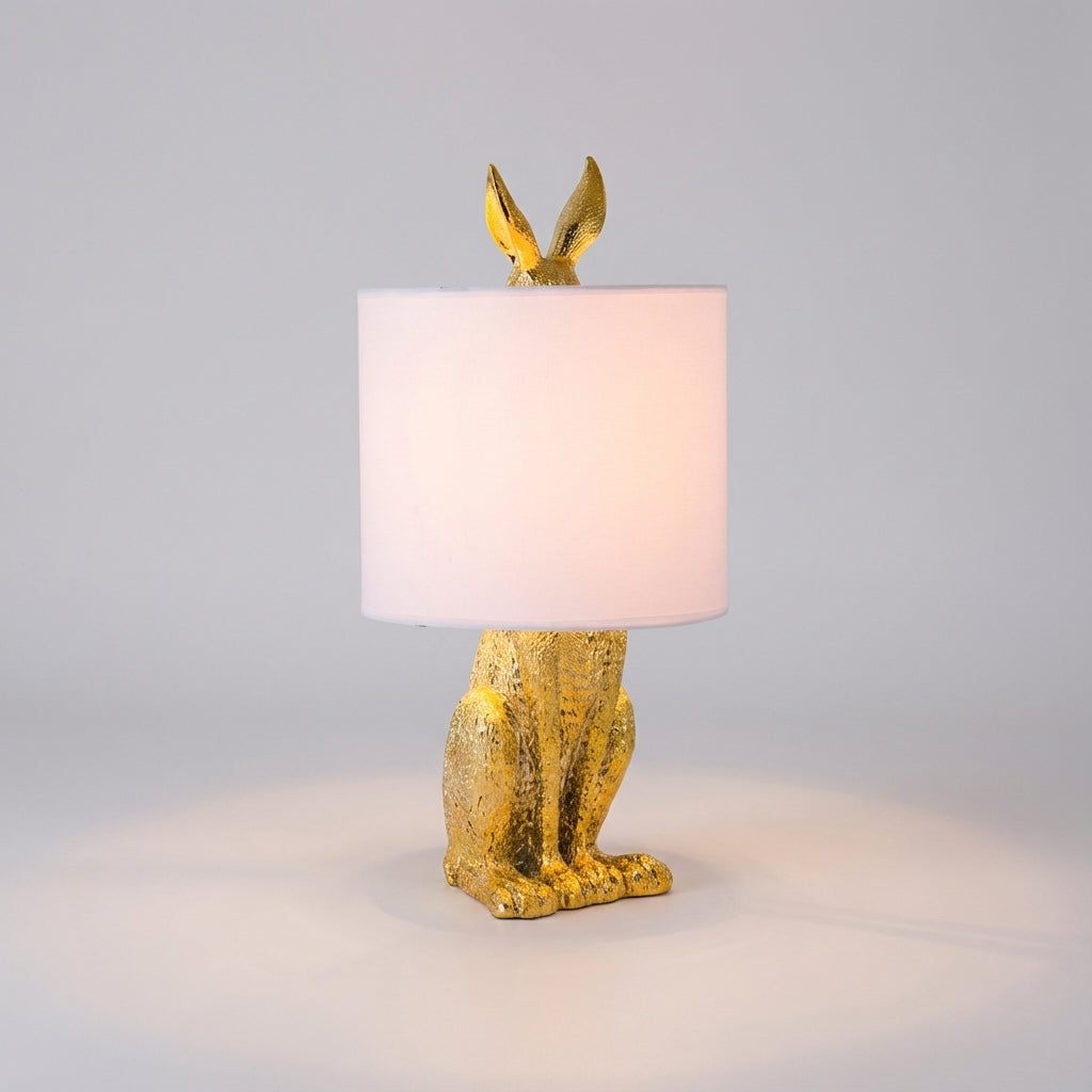 Deko-Hasenlampe aus Kunstharz mit Leinenschirm, 51 cm hoch, goldfarbenes Finish, dekorative Nachttischleuchte, E27-Fassung, Tierskulptur für Schlafzimmer, Wohnzimmer | Thomler