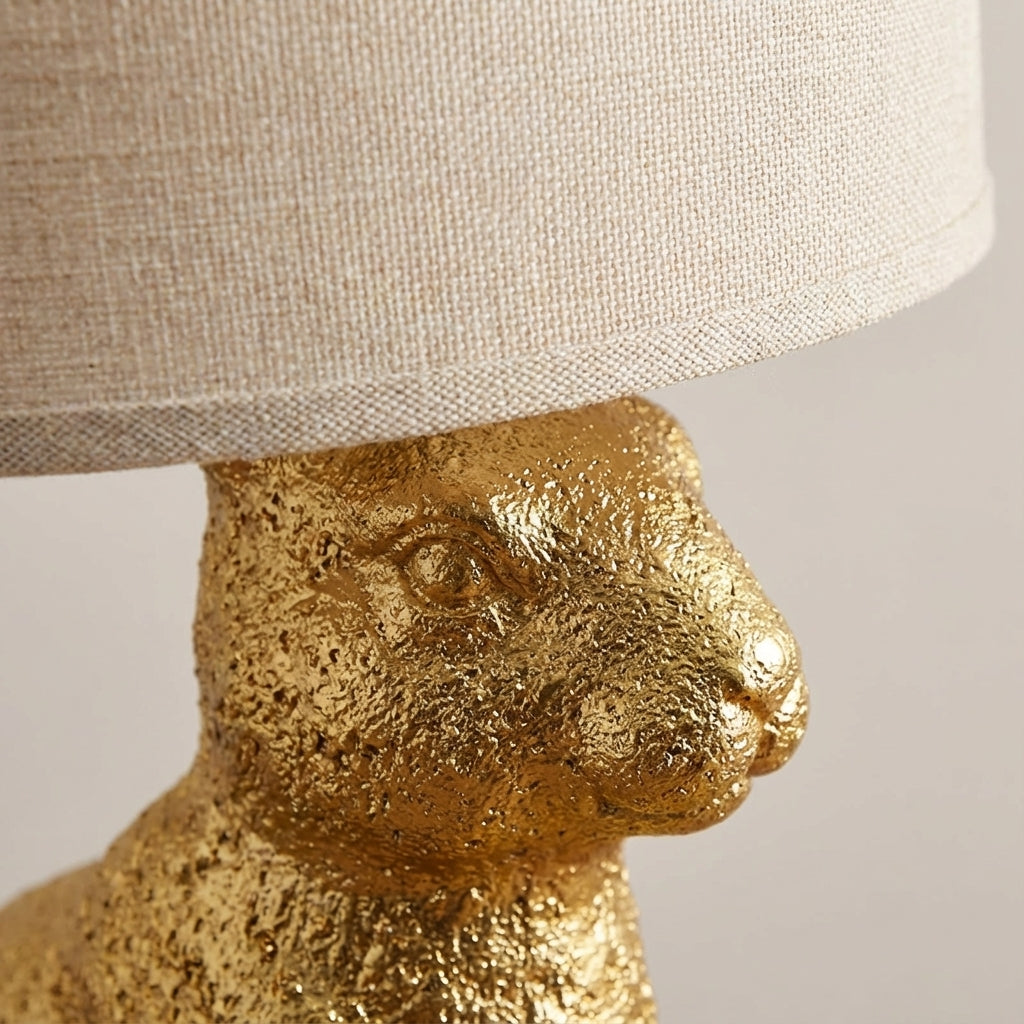 Deko-Hasenlampe aus Kunstharz mit Leinenschirm, 51 cm hoch, goldfarbenes Finish, dekorative Nachttischleuchte, E27-Fassung, Tierskulptur für Schlafzimmer, Wohnzimmer | Thomler