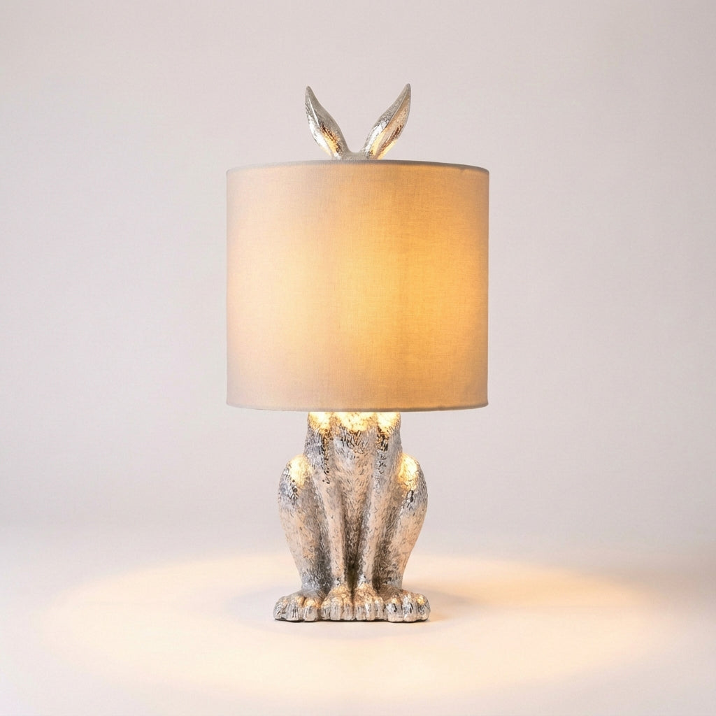Deko-Hasenlampe aus Kunstharz mit Leinenschirm, 51 cm hoch, goldfarbenes Finish, dekorative Nachttischleuchte, E27-Fassung, Tierskulptur für Schlafzimmer, Wohnzimmer | Thomler