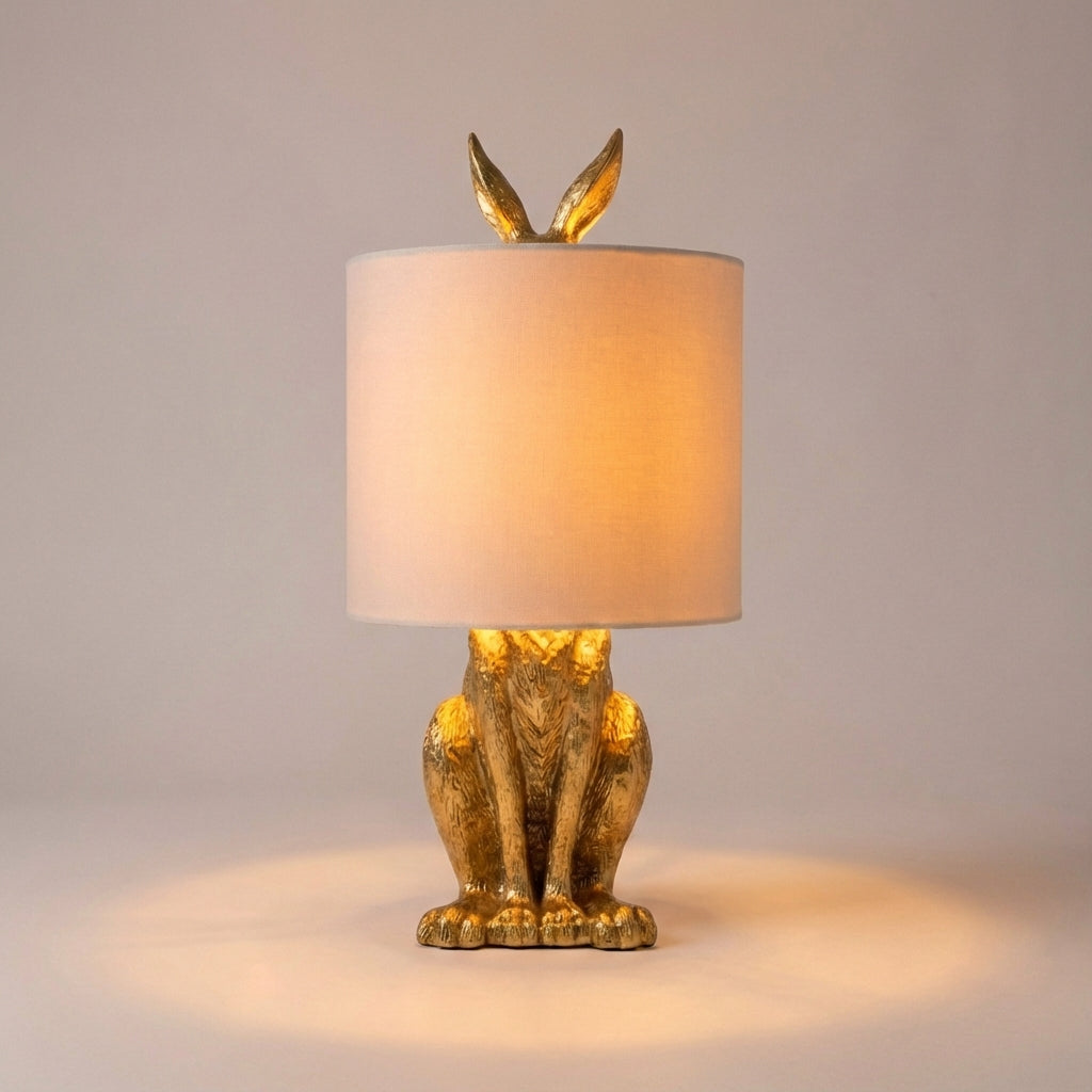 Deko-Hasenlampe aus Kunstharz mit Leinenschirm, 51 cm hoch, goldfarbenes Finish, dekorative Nachttischleuchte, E27-Fassung, Tierskulptur für Schlafzimmer, Wohnzimmer | Thomler