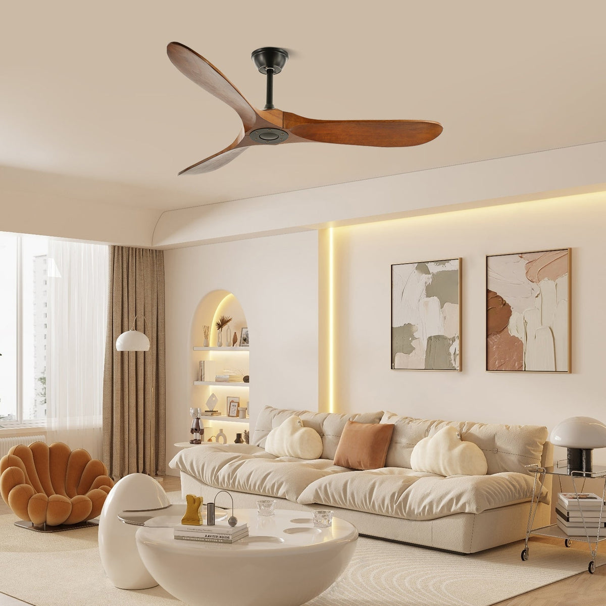DC Motor Ceiling Fan with Wooden Blades 42 or 52 Inch Diameter Remote Control Indoor Air Circulation for Bedrooms Living Rooms Offices Low