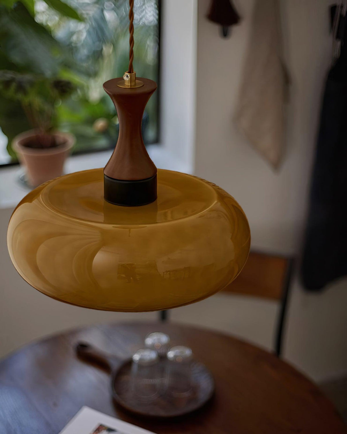 Hanging Light Fixture with Amber Glass Shade 7 Inch Diameter Adjustable Cord for Kitchen Islands Dining Tables Breakfast Bars Modern Farmhou | Thomler