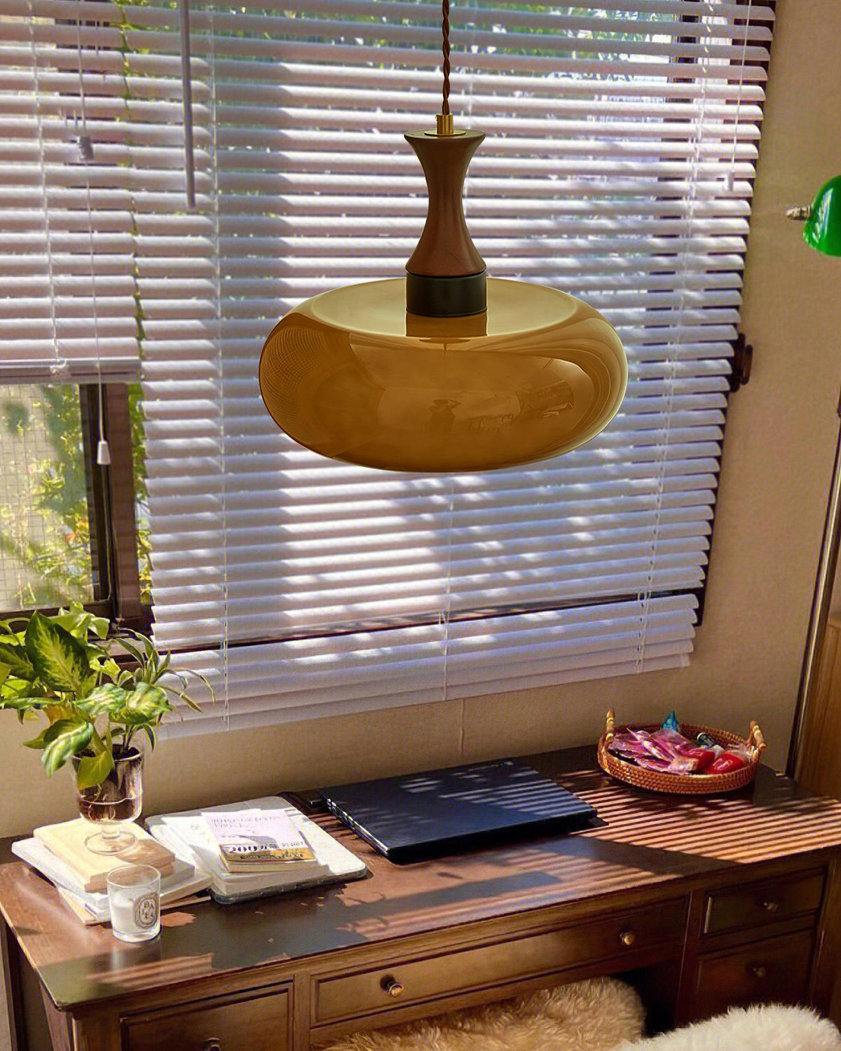 Hanging Light Fixture with Amber Glass Shade 7 Inch Diameter Adjustable Cord for Kitchen Islands Dining Tables Breakfast Bars Modern Farmhou | Thomler