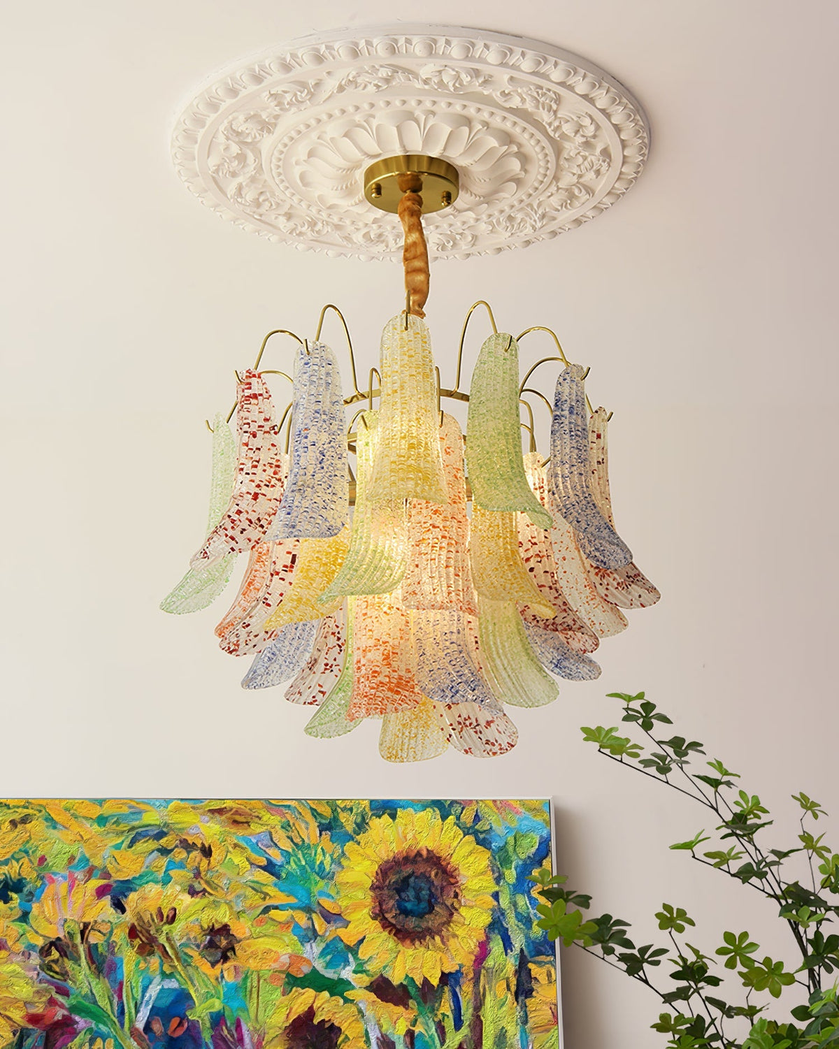Mondgeblazen kunstglazen kroonluchter, hanglamp met meerdere lichtbronnen, levendige kleuren, statement-verlichting voor eetkamer en woonkamer, diameter 50-60 cm | Thomler