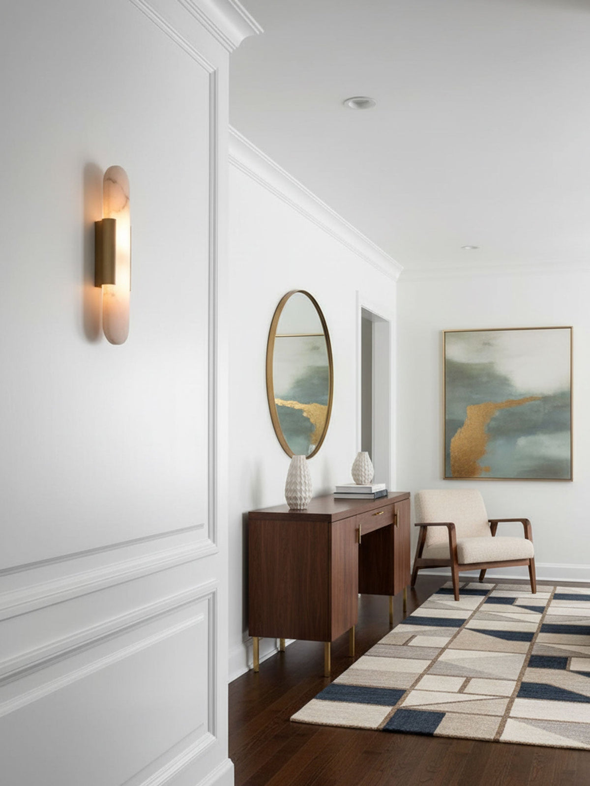 Aplique de alabastro hecho a mano con detalle en latón, lámpara de pared de 14 pulgadas para dormitorio, pasillo, sala de estar, accesorio interior, LED G4, piedra alargada moderna