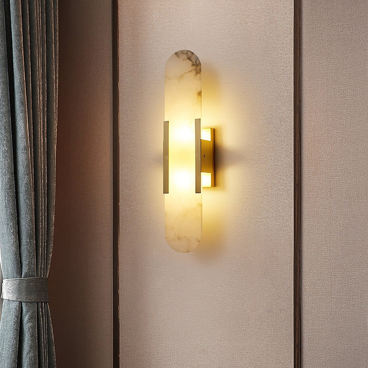 Aplique de alabastro hecho a mano con detalle en latón, lámpara de pared de 14 pulgadas para dormitorio, pasillo, sala de estar, accesorio interior, LED G4, piedra alargada moderna