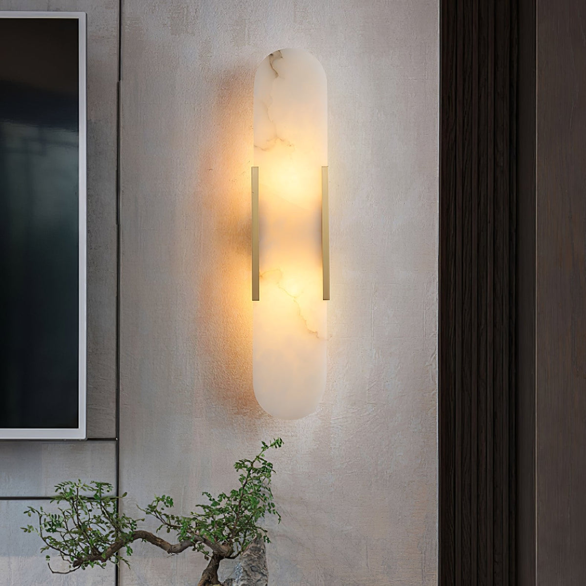 Aplique de alabastro hecho a mano con detalle en latón, lámpara de pared de 14 pulgadas para dormitorio, pasillo, sala de estar, accesorio interior, LED G4, piedra alargada moderna