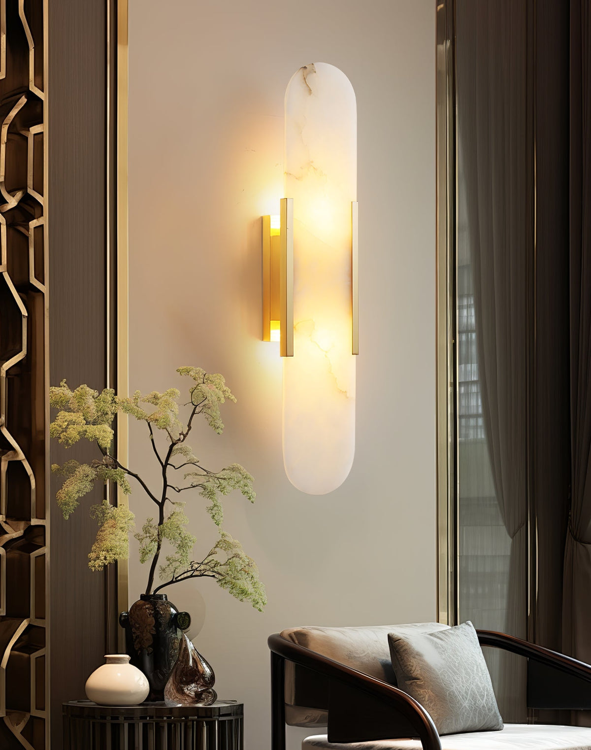 Aplique de alabastro hecho a mano con detalle en latón, lámpara de pared de 14 pulgadas para dormitorio, pasillo, sala de estar, accesorio interior, LED G4, piedra alargada moderna