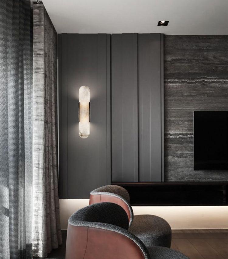 Aplique de alabastro hecho a mano con detalle en latón, lámpara de pared de 14 pulgadas para dormitorio, pasillo, sala de estar, accesorio interior, LED G4, piedra alargada moderna