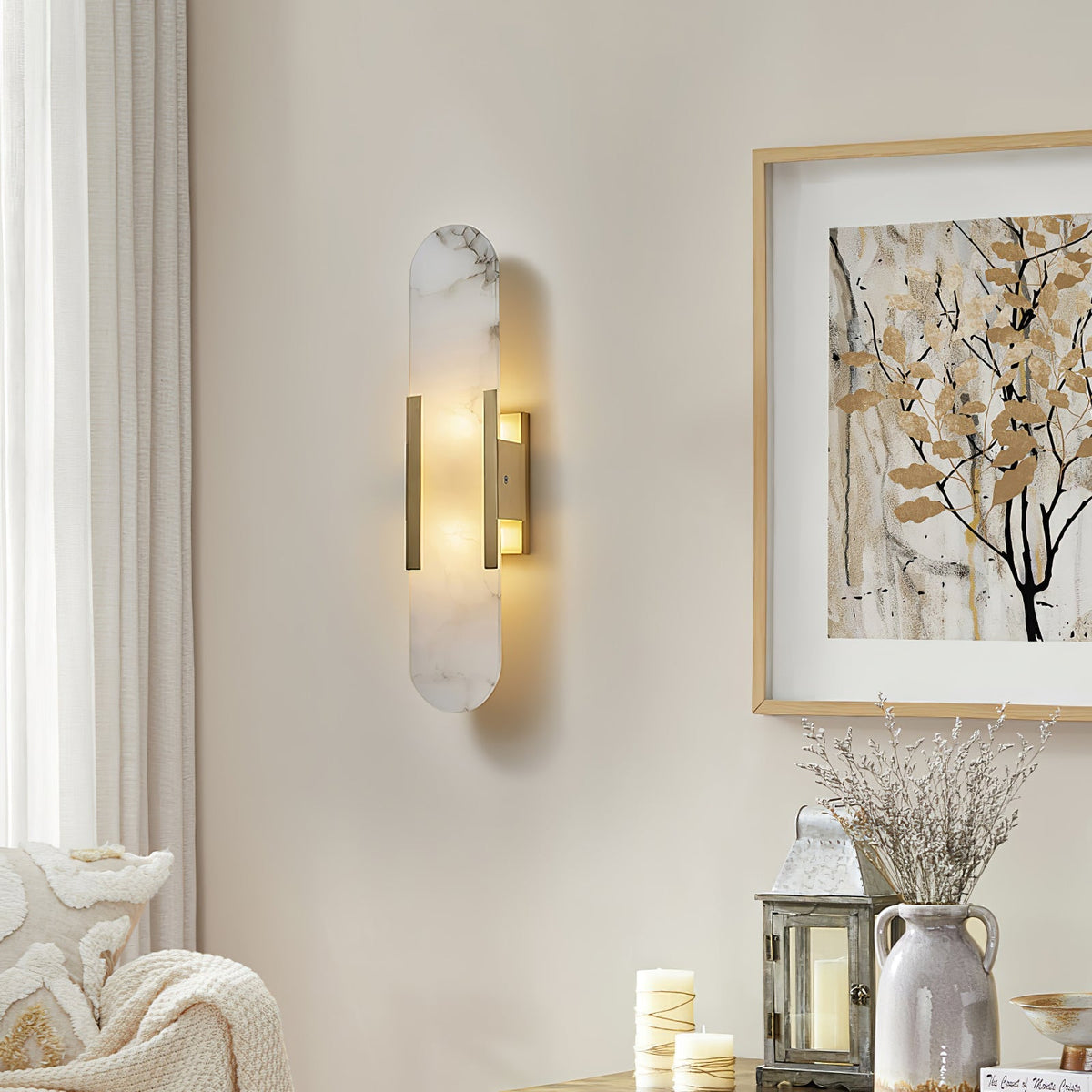 Aplique de alabastro hecho a mano con detalle en latón, lámpara de pared de 14 pulgadas para dormitorio, pasillo, sala de estar, accesorio interior, LED G4, piedra alargada moderna