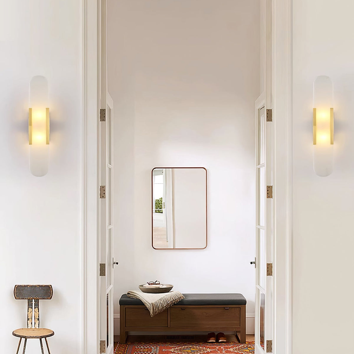 Aplique de alabastro hecho a mano con detalle en latón, lámpara de pared de 14 pulgadas para dormitorio, pasillo, sala de estar, accesorio interior, LED G4, piedra alargada moderna