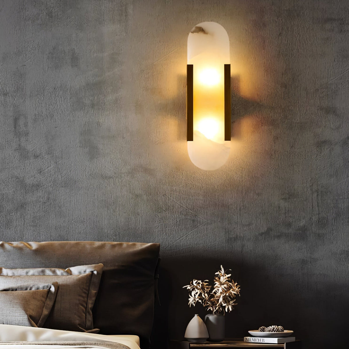 Aplique de alabastro hecho a mano con detalle en latón, lámpara de pared de 14 pulgadas para dormitorio, pasillo, sala de estar, accesorio interior, LED G4, piedra alargada moderna