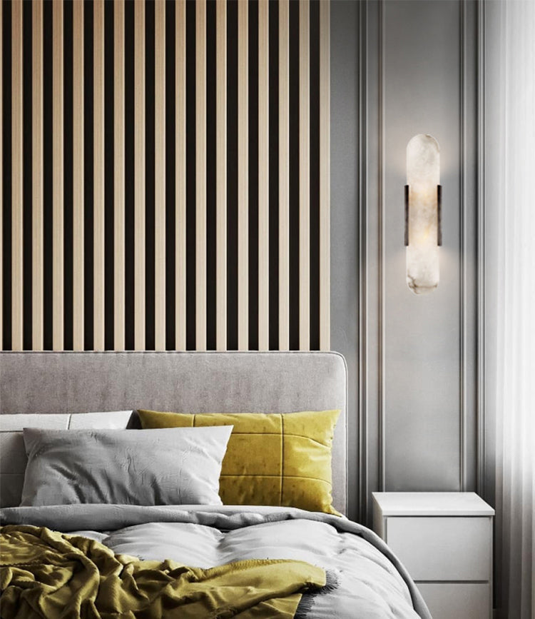 Aplique de alabastro hecho a mano con detalle en latón, lámpara de pared de 14 pulgadas para dormitorio, pasillo, sala de estar, accesorio interior, LED G4, piedra alargada moderna