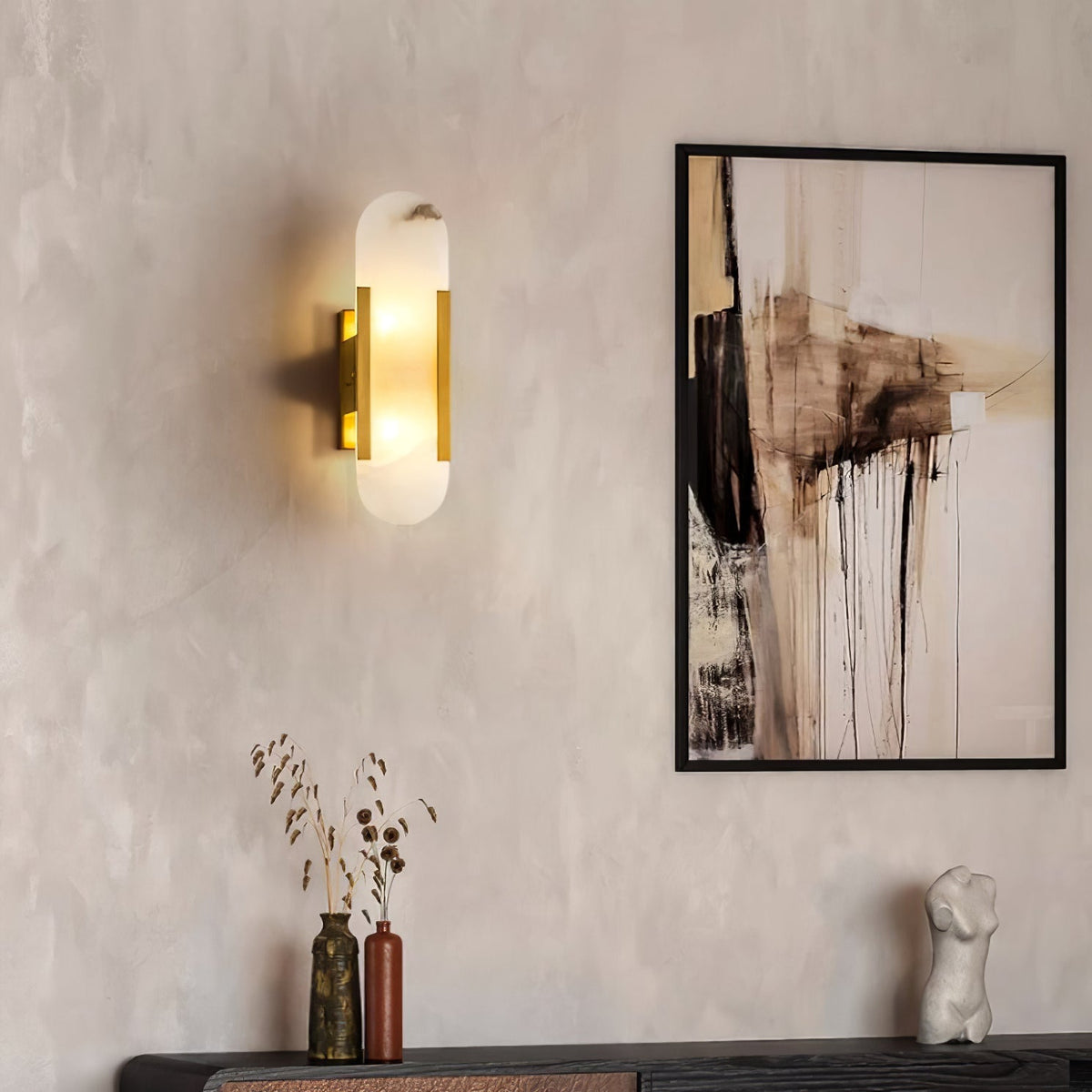 Aplique de alabastro hecho a mano con detalle en latón, lámpara de pared de 14 pulgadas para dormitorio, pasillo, sala de estar, accesorio interior, LED G4, piedra alargada moderna