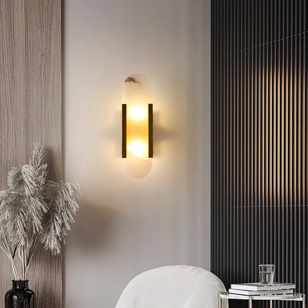 Aplique de alabastro hecho a mano con detalle en latón, lámpara de pared de 14 pulgadas para dormitorio, pasillo, sala de estar, accesorio interior, LED G4, piedra alargada moderna