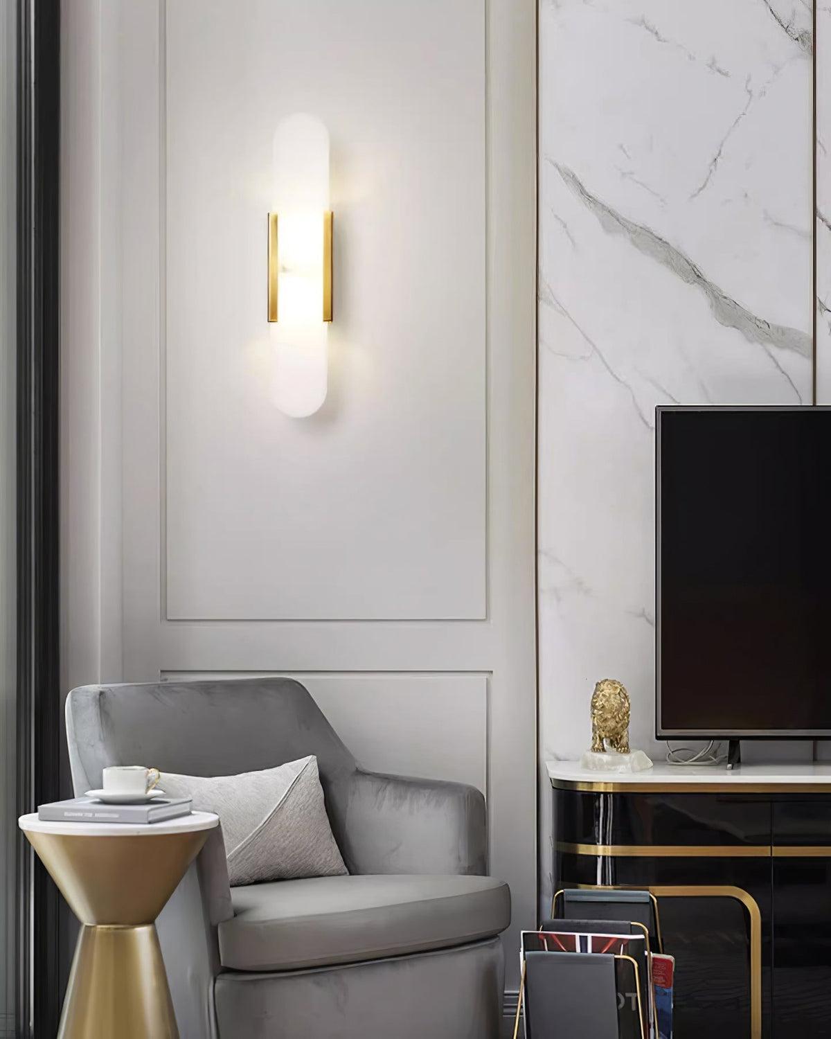 Aplique de alabastro hecho a mano con detalle en latón, lámpara de pared de 14 pulgadas para dormitorio, pasillo, sala de estar, accesorio interior, LED G4, piedra alargada moderna
