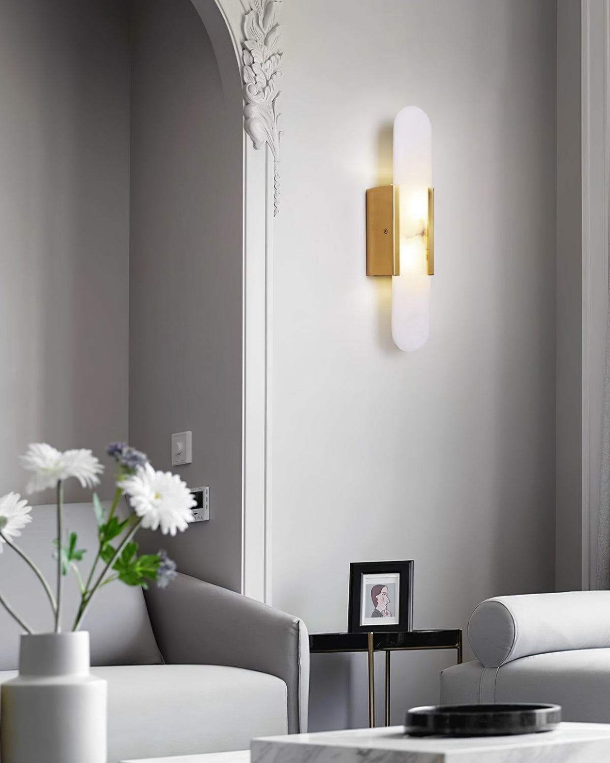 Aplique de alabastro hecho a mano con detalle en latón, lámpara de pared de 14 pulgadas para dormitorio, pasillo, sala de estar, accesorio interior, LED G4, piedra alargada moderna