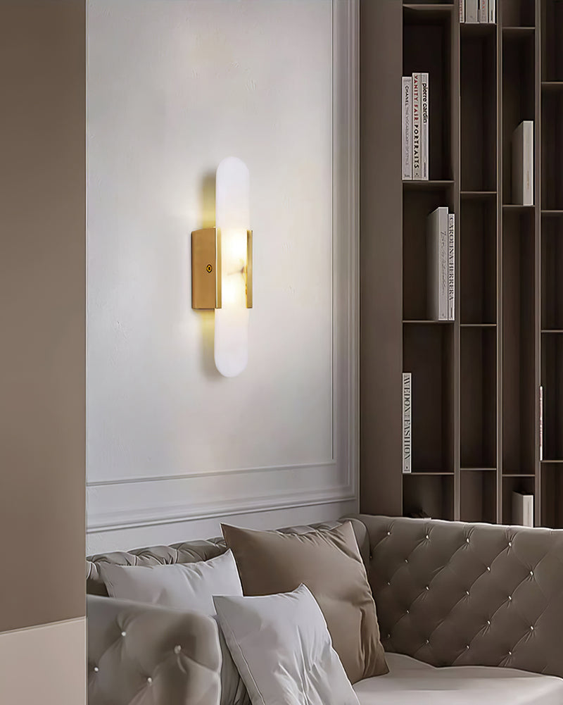 Aplique de alabastro hecho a mano con detalle en latón, lámpara de pared de 14 pulgadas para dormitorio, pasillo, sala de estar, accesorio interior, LED G4, piedra alargada moderna