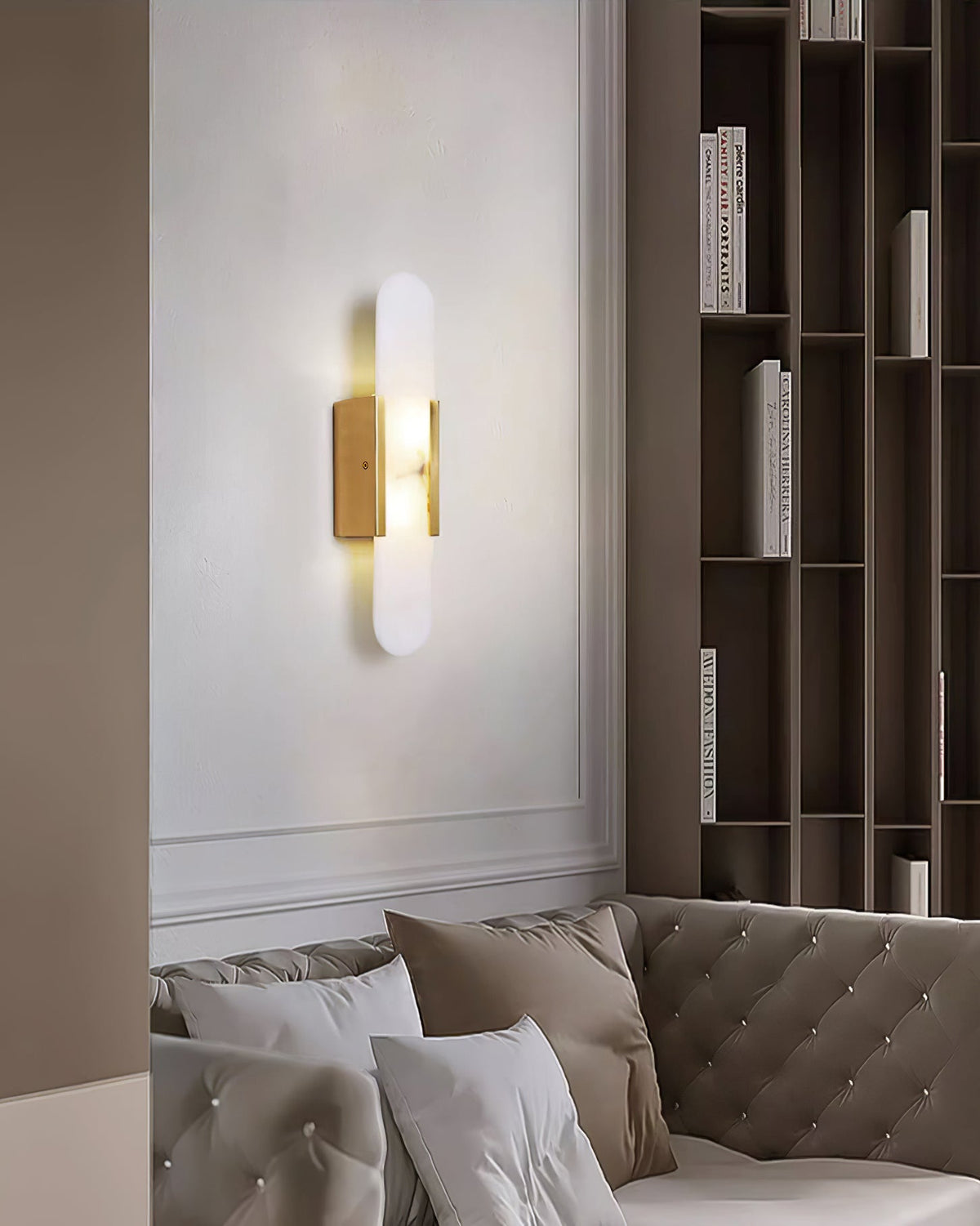 Aplique de alabastro hecho a mano con detalle en latón, lámpara de pared de 14 pulgadas para dormitorio, pasillo, sala de estar, accesorio interior, LED G4, piedra alargada moderna