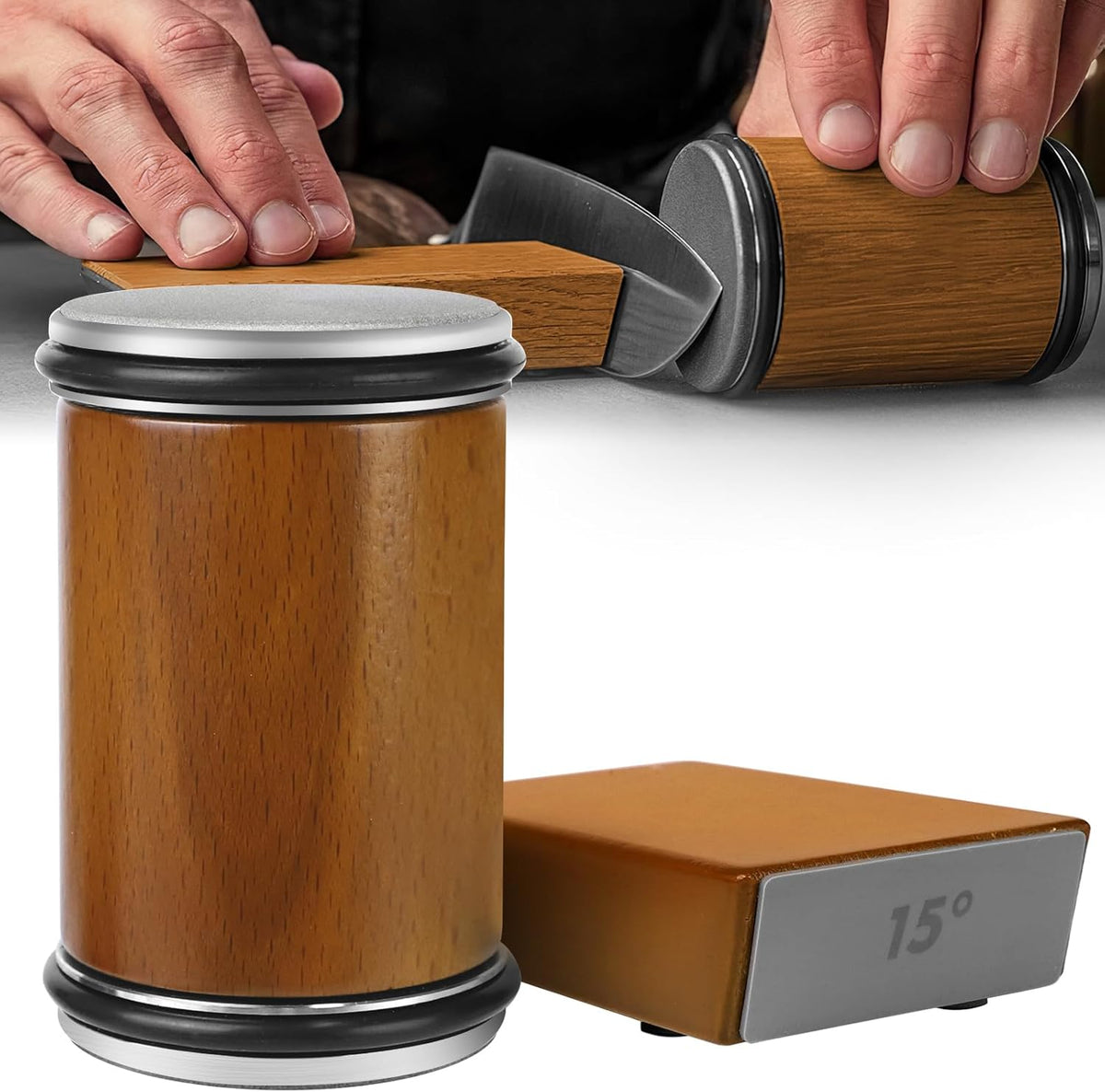 Afilador de cuchillos rodante para cuchillos de cocina – Herramienta guía de ángulo para una restauración rápida de bordes afilados como navaja – Base antideslizante, compacto, manual y portátil | Thomler