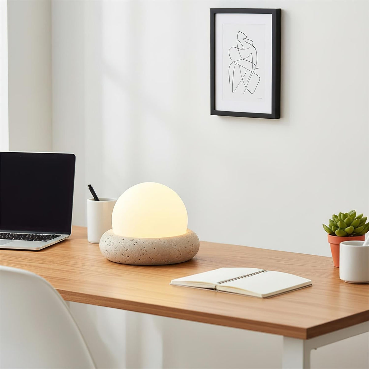 Wiederaufladbare LED-Akzentleuchte, Sockel aus Naturstein, satinierter Schirm, kabellos, Fernbedienung, drei Farbeinstellungen, für Schlafzimmer, Nachttisch, Schreibtisch, Wohnzimmer, kabellos | Thomler