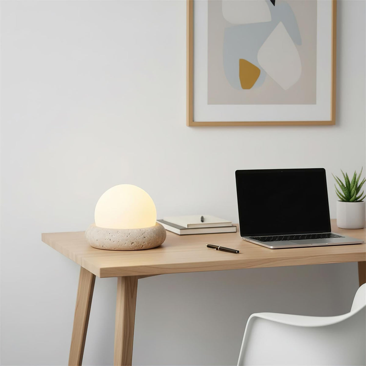 Wiederaufladbare LED-Akzentleuchte, Sockel aus Naturstein, satinierter Schirm, kabellos, Fernbedienung, drei Farbeinstellungen, für Schlafzimmer, Nachttisch, Schreibtisch, Wohnzimmer, kabellos | Thomler