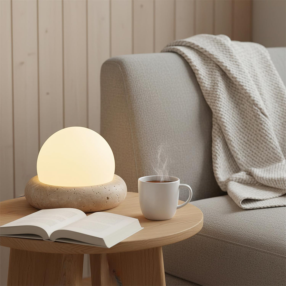 Wiederaufladbare LED-Akzentleuchte, Sockel aus Naturstein, satinierter Schirm, kabellos, Fernbedienung, drei Farbeinstellungen, für Schlafzimmer, Nachttisch, Schreibtisch, Wohnzimmer, kabellos | Thomler