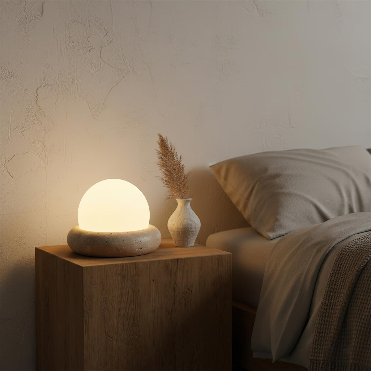 Wiederaufladbare LED-Akzentleuchte, Sockel aus Naturstein, satinierter Schirm, kabellos, Fernbedienung, drei Farbeinstellungen, für Schlafzimmer, Nachttisch, Schreibtisch, Wohnzimmer, kabellos | Thomler