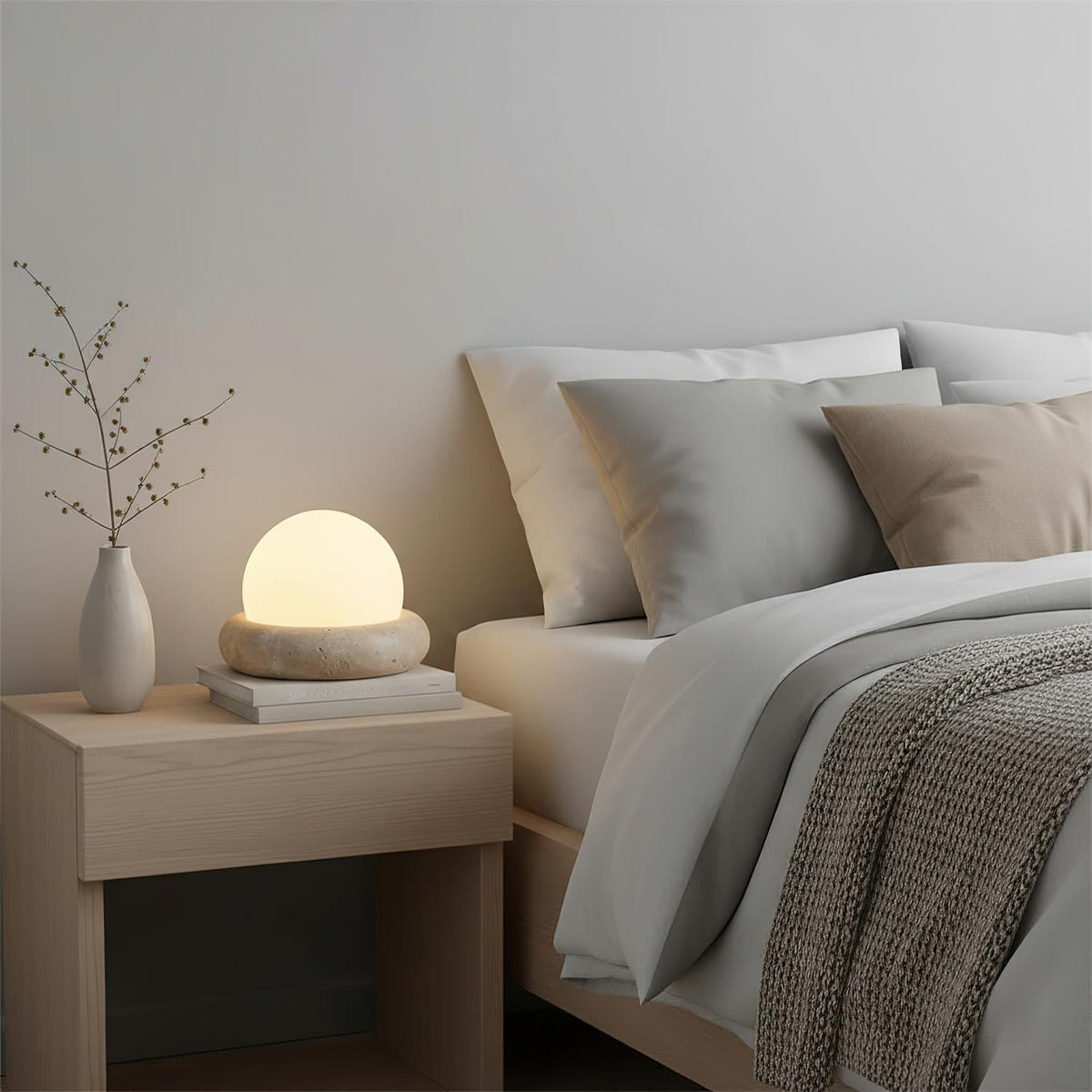 Wiederaufladbare LED-Akzentleuchte, Sockel aus Naturstein, satinierter Schirm, kabellos, Fernbedienung, drei Farbeinstellungen, für Schlafzimmer, Nachttisch, Schreibtisch, Wohnzimmer, kabellos | Thomler