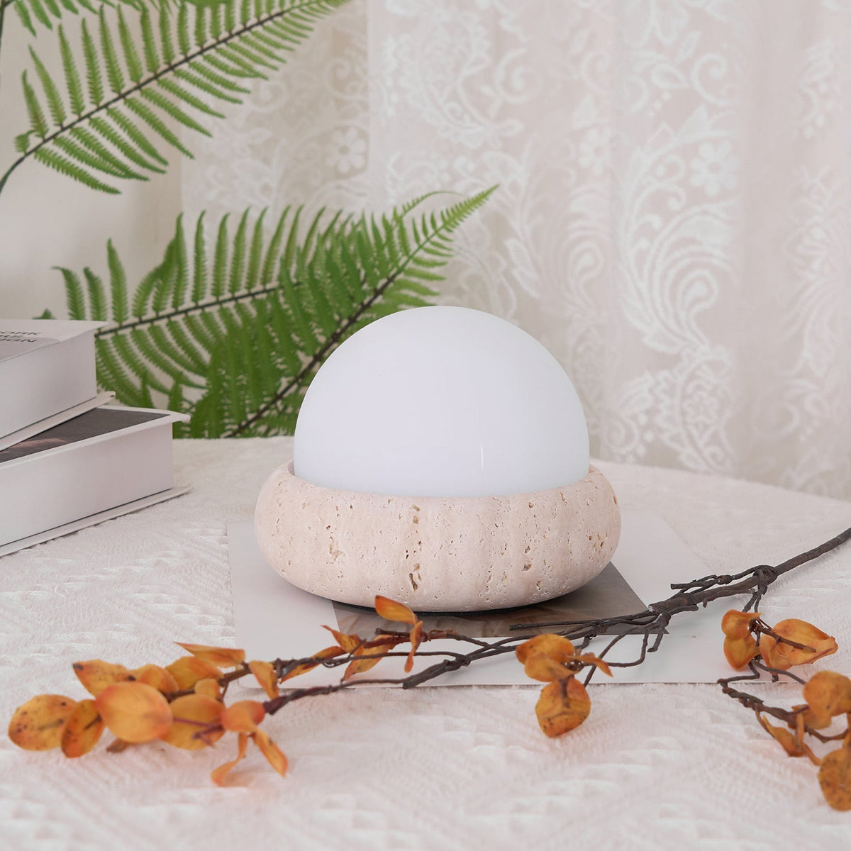 Wiederaufladbare LED-Akzentleuchte, Sockel aus Naturstein, satinierter Schirm, kabellos, Fernbedienung, drei Farbeinstellungen, für Schlafzimmer, Nachttisch, Schreibtisch, Wohnzimmer, kabellos | Thomler