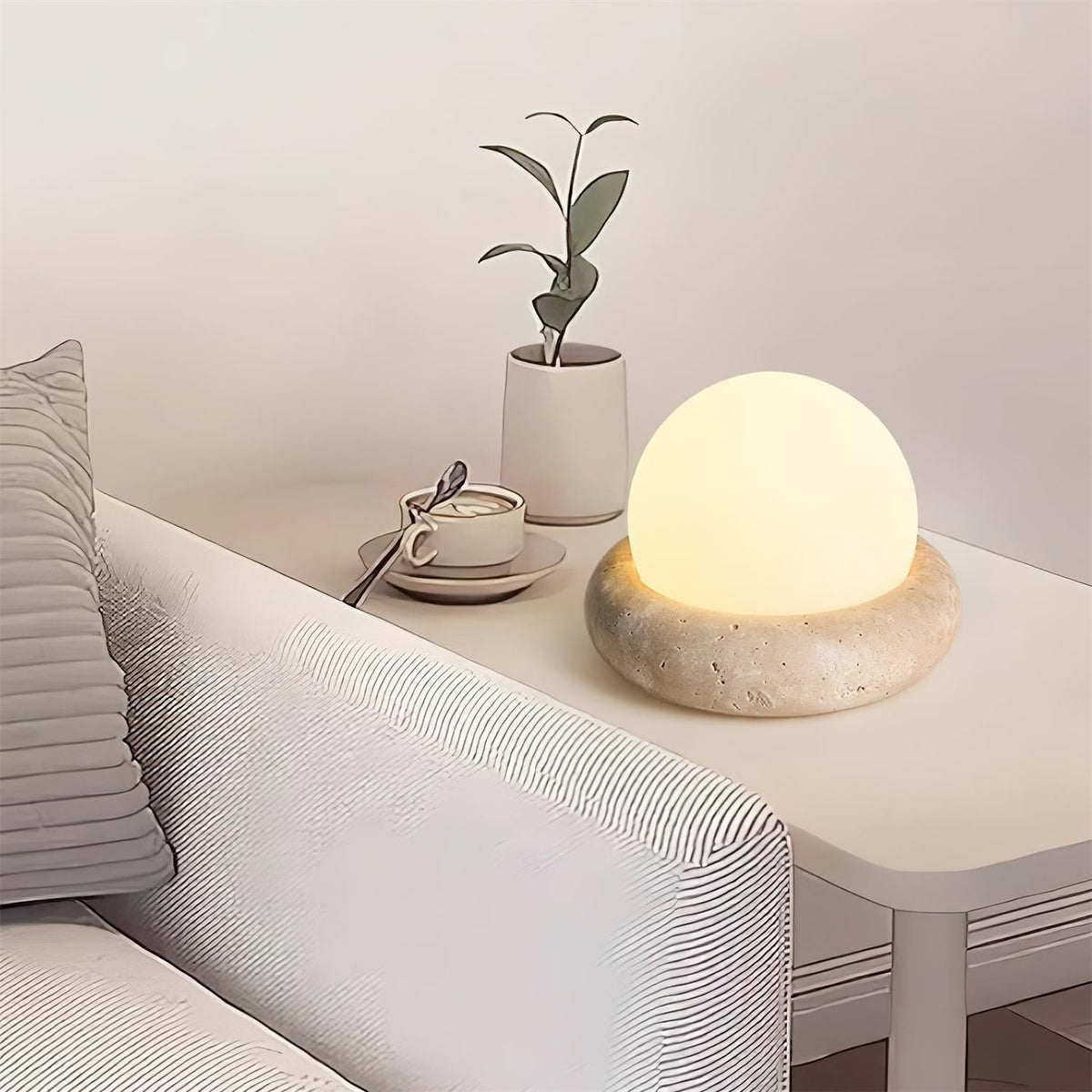 Wiederaufladbare LED-Akzentleuchte, Sockel aus Naturstein, satinierter Schirm, kabellos, Fernbedienung, drei Farbeinstellungen, für Schlafzimmer, Nachttisch, Schreibtisch, Wohnzimmer, kabellos | Thomler