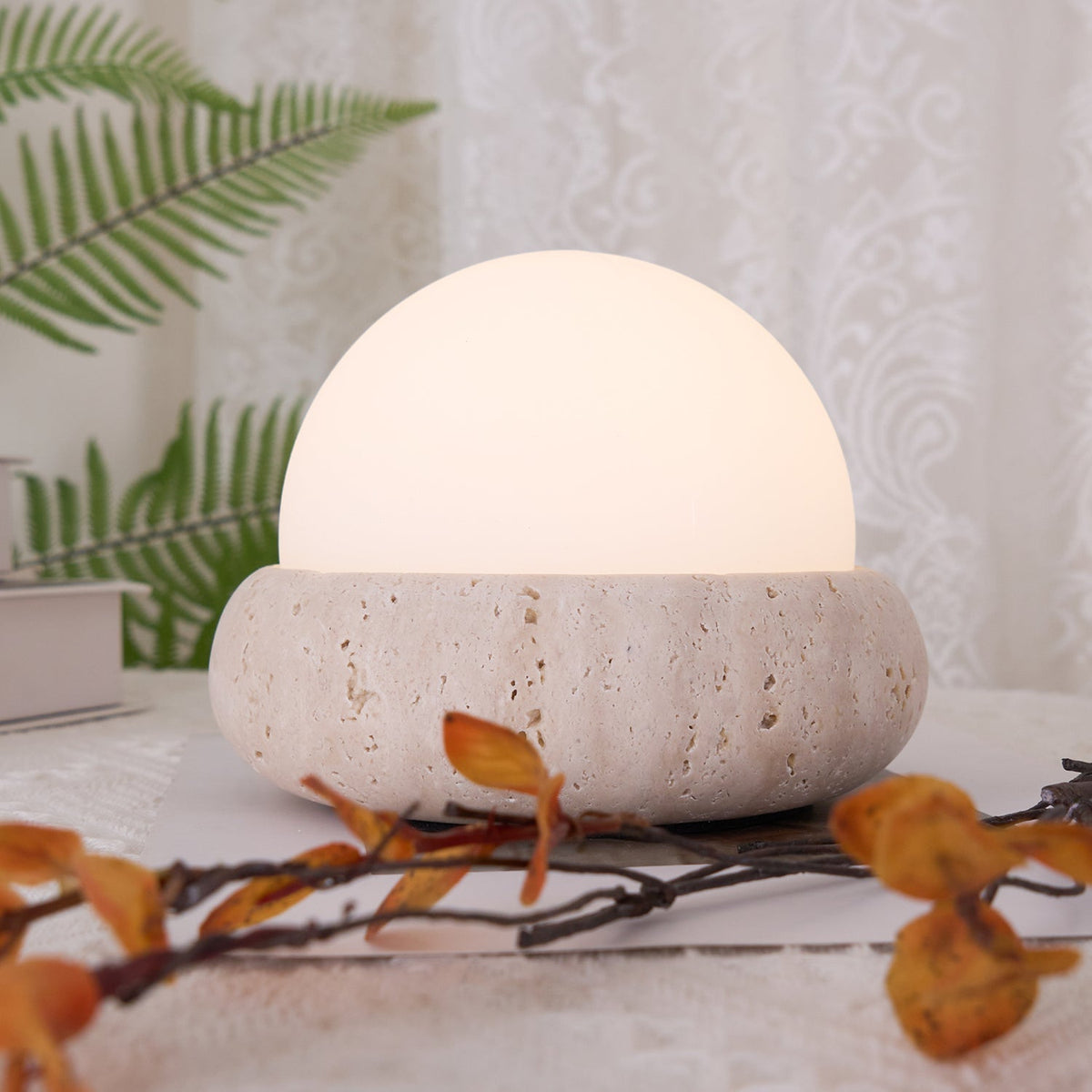 Wiederaufladbare LED-Akzentleuchte, Sockel aus Naturstein, satinierter Schirm, kabellos, Fernbedienung, drei Farbeinstellungen, für Schlafzimmer, Nachttisch, Schreibtisch, Wohnzimmer, kabellos | Thomler
