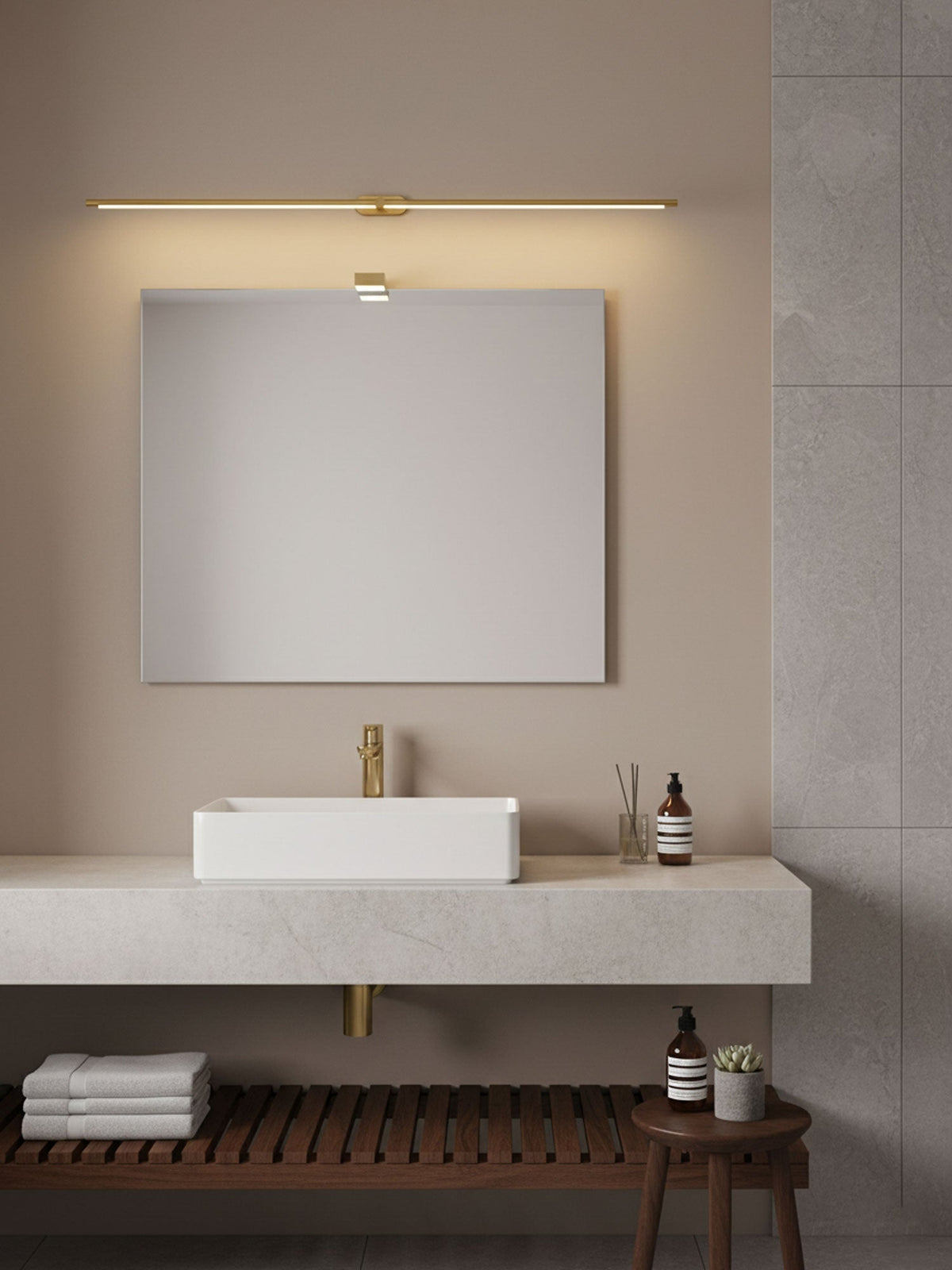 Lámpara de espejo de baño LED de 27 pulgadas, aplique de pared recargable y regulable, inalámbrico, color negro y dorado, accesorio de tocador con control táctil para baño de visitas