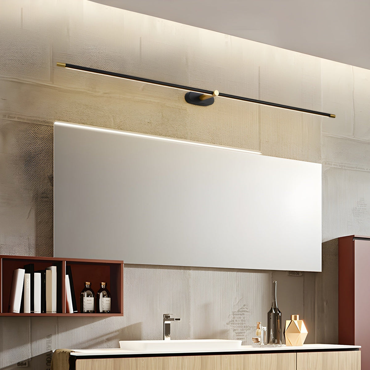 Lámpara de espejo de baño LED de 27 pulgadas, aplique de pared recargable y regulable, inalámbrico, color negro y dorado, accesorio de tocador con control táctil para baño de visitas