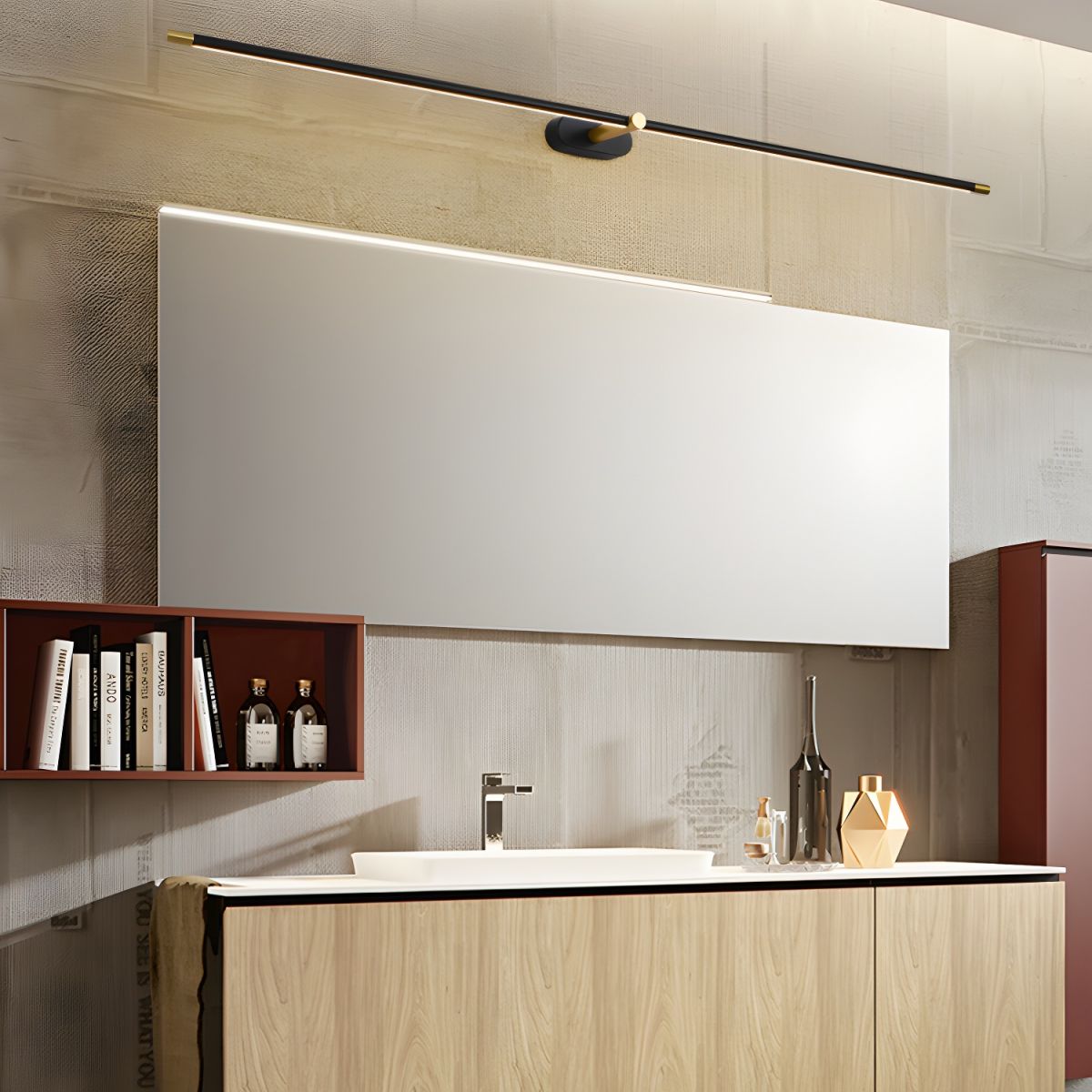 Lámpara de espejo de baño LED de 27 pulgadas, aplique de pared recargable y regulable, inalámbrico, color negro y dorado, accesorio de tocador con control táctil para baño de visitas