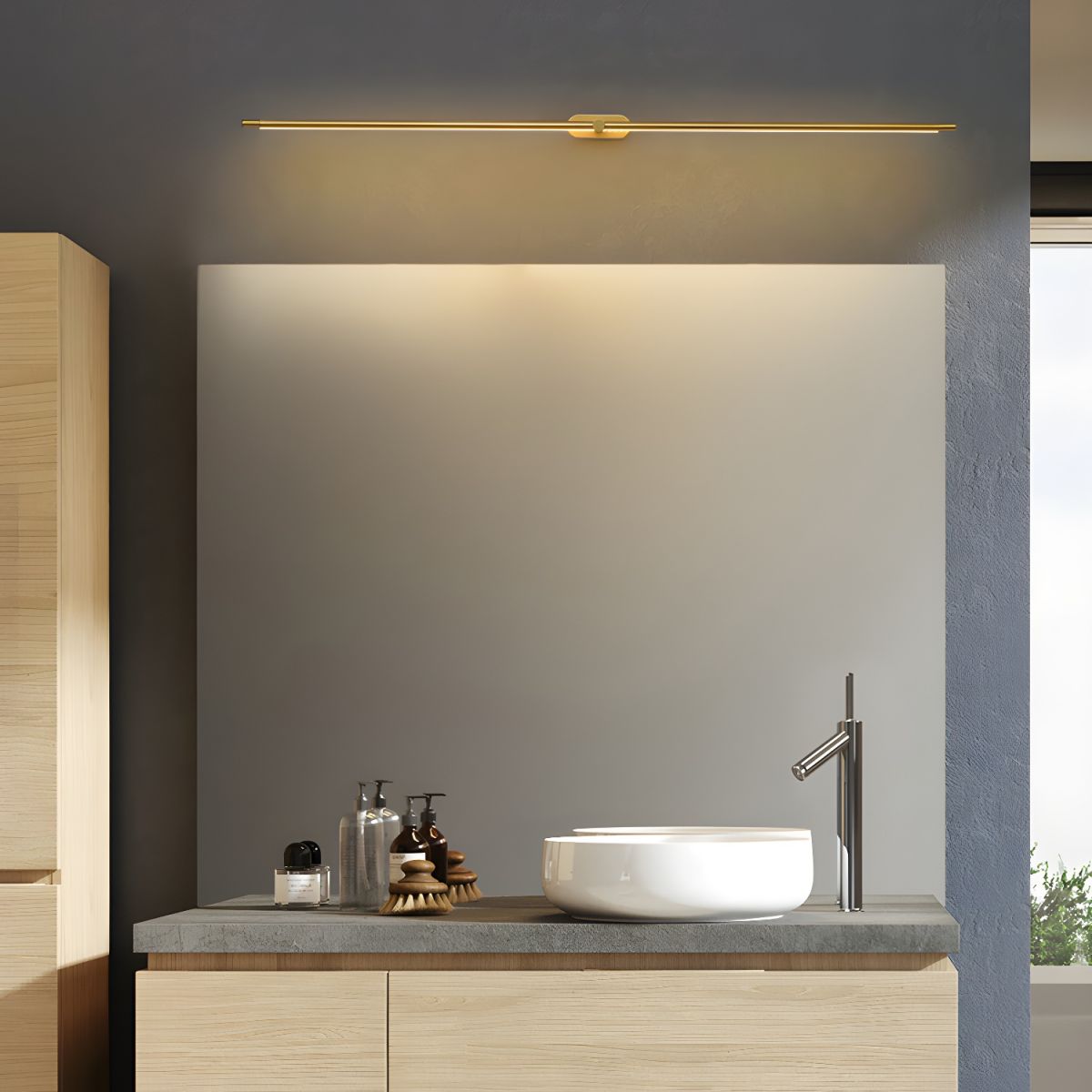 Lámpara de espejo de baño LED de 27 pulgadas, aplique de pared recargable y regulable, inalámbrico, color negro y dorado, accesorio de tocador con control táctil para baño de visitas