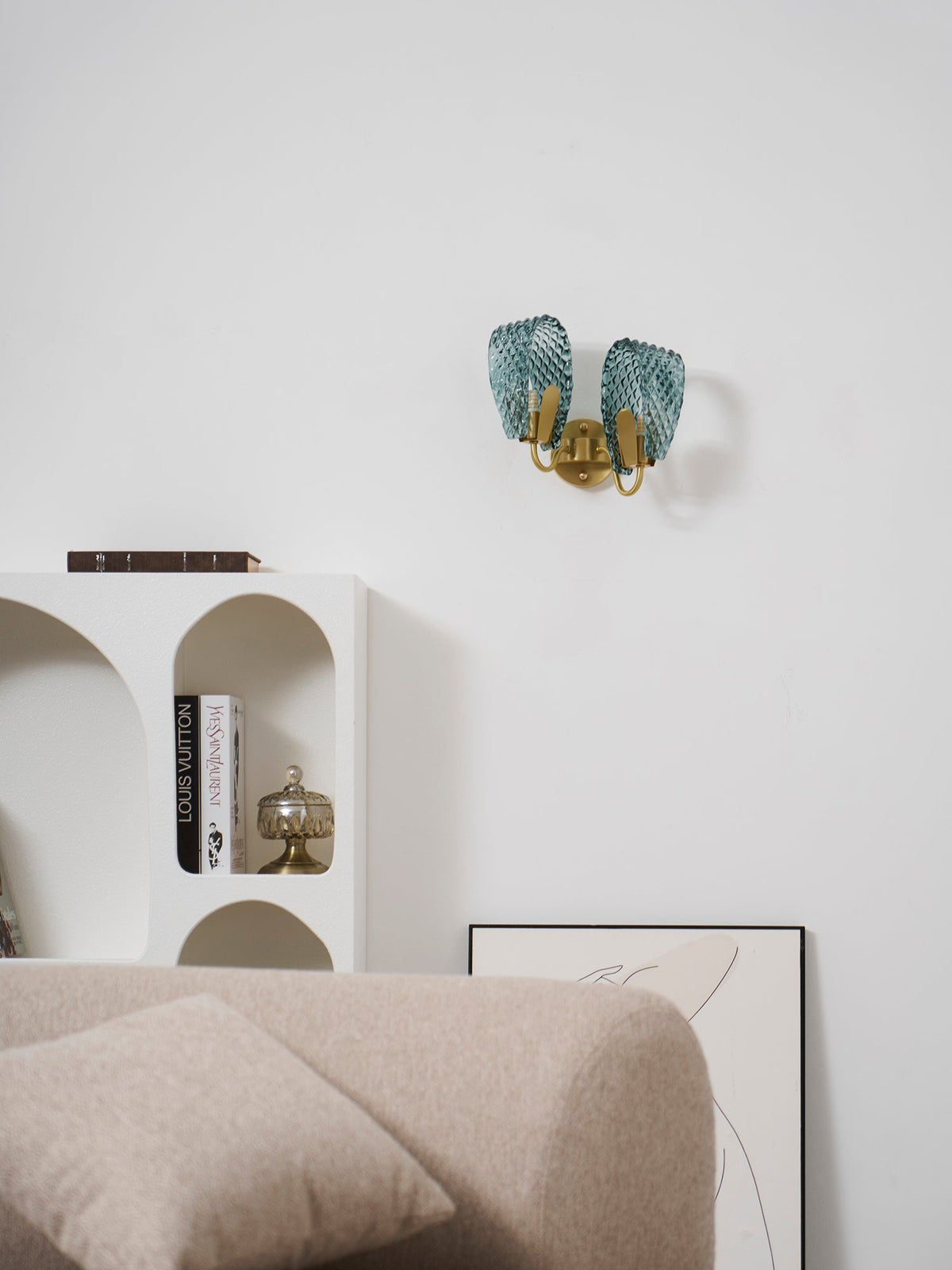 Vintage Brass and Blue Glass Wall Sconce for Bedroom Hallway Living Room – Elegant Decorative 2-Light or 3-Light Fixture with Diamond Textur | Thomler