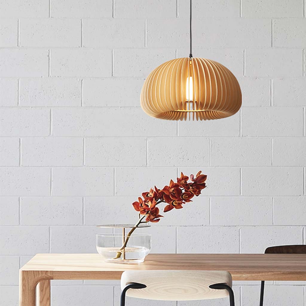 Wooden Ceiling Lamp Natural Finish 14 Inch Hanging Light for Dining Tables Kitchen Islands Living Areas Adjustable Color Temperature E26 Bas | Thomler