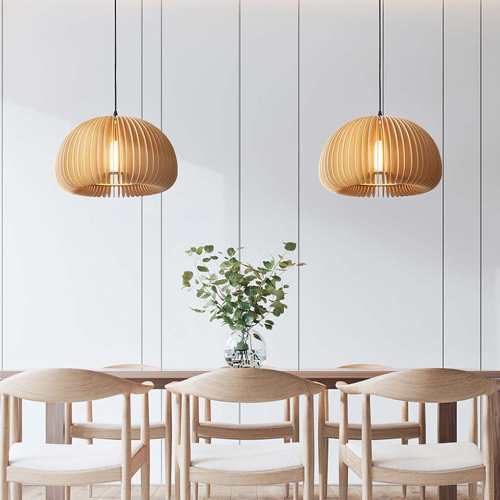 Wooden Ceiling Lamp Natural Finish 14 Inch Hanging Light for Dining Tables Kitchen Islands Living Areas Adjustable Color Temperature E26 Bas | Thomler